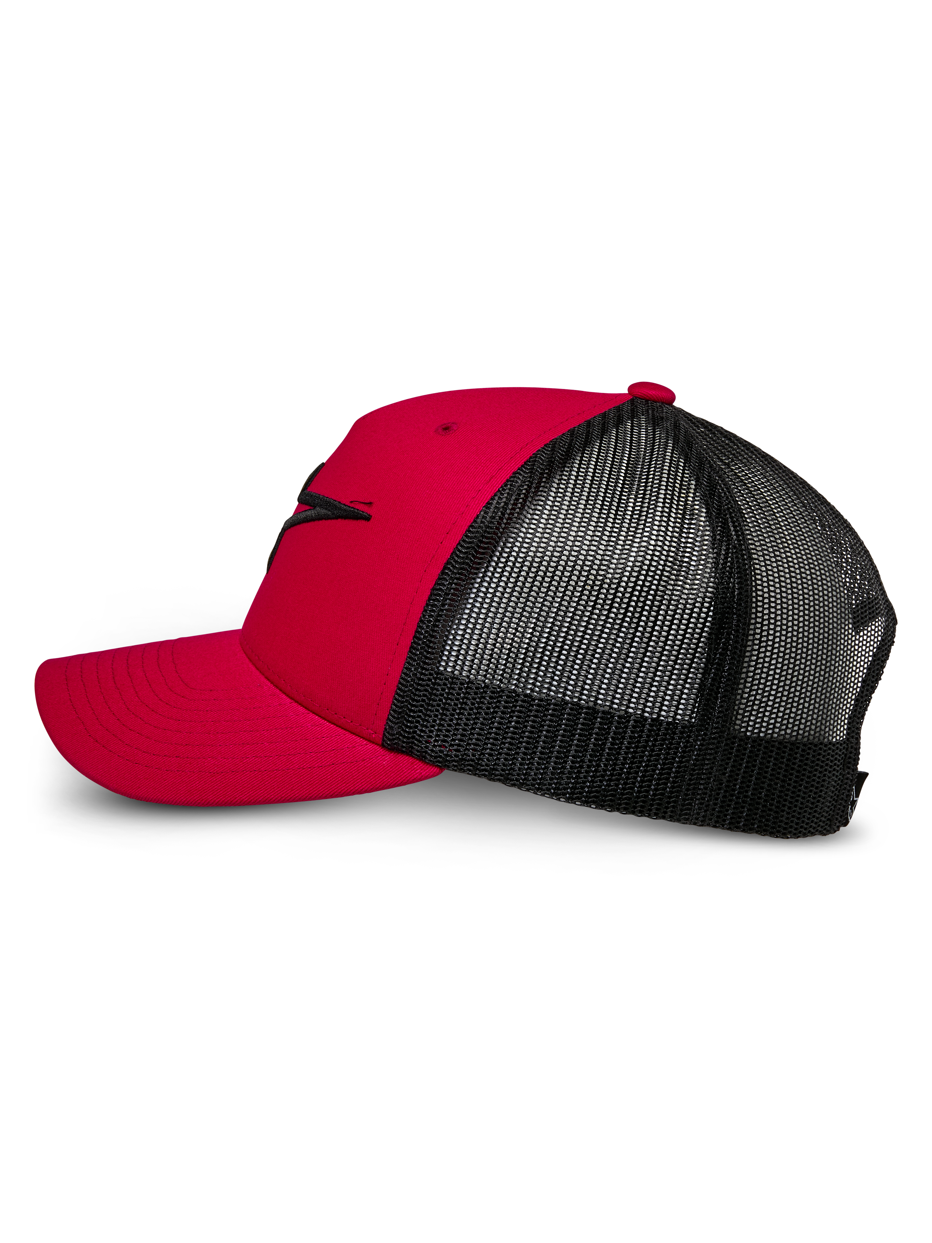 Boné Trucker Alpinestars Ageless, vermelho e preto, vista lateral com aba curva e coroa estruturada com logótipo Astars bordado em 3D a preto, parte traseira em rede preta para respirabilidade, design clássico inspirado no desporto motorizado