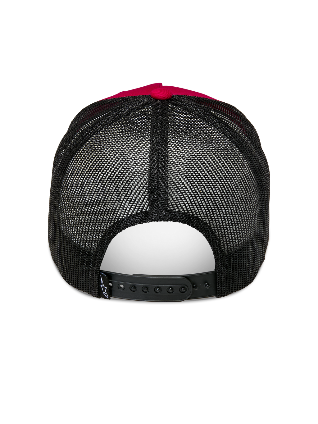 Alpinestars Ageless Trucker Hat, vermelho e preto, vista traseira com malha de poliéster preta e fecho snapback ajustável, botão superior e detalhe da coroa em vermelho, acessório casual de desportos motorizados