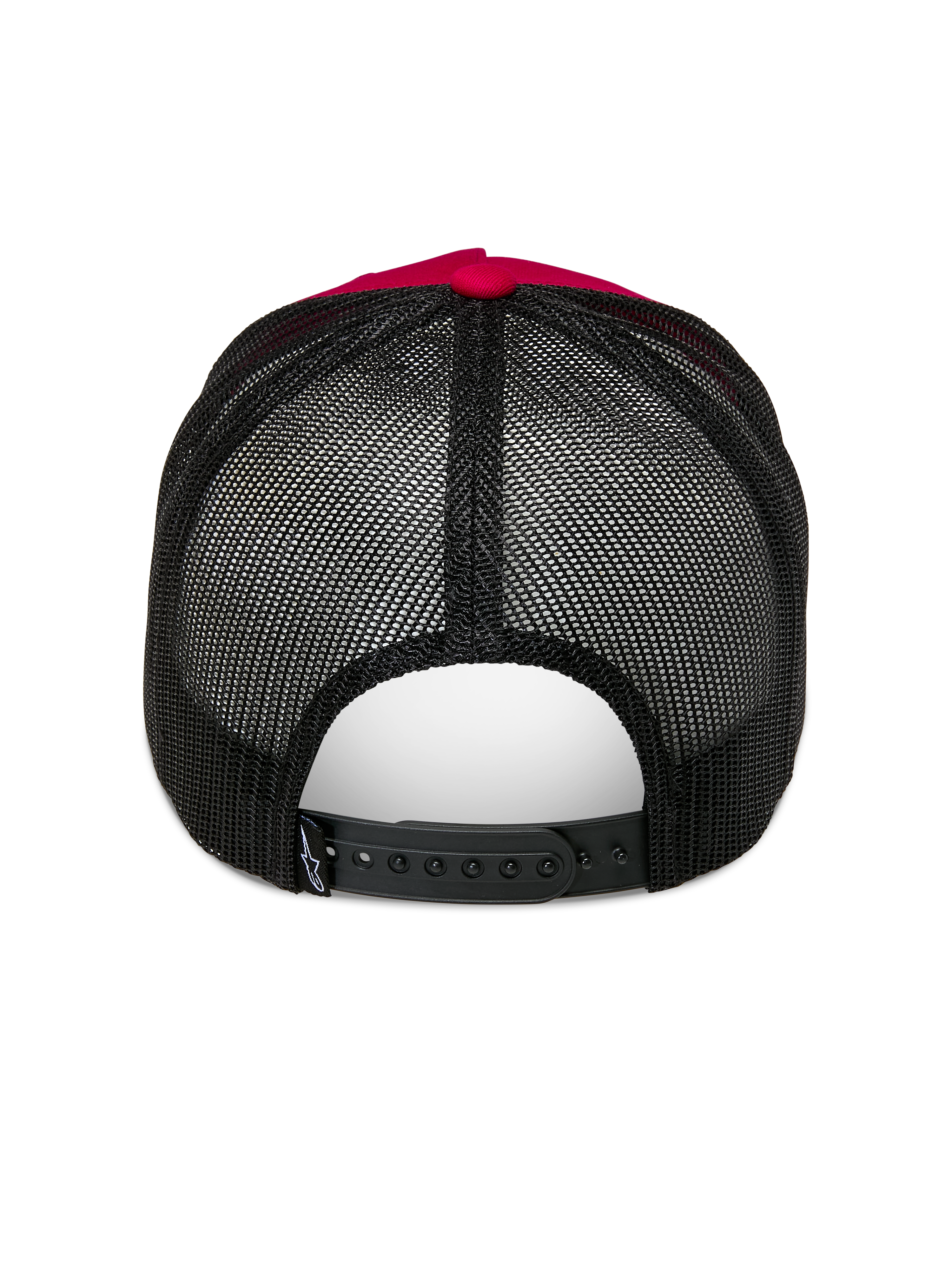 Alpinestars Ageless Trucker Hat, vermelho e preto, vista traseira com malha de poliéster preta e fecho snapback ajustável, botão superior e detalhe da coroa em vermelho, acessório casual de desportos motorizados