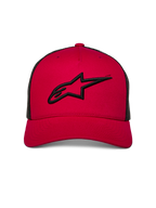 Boné Alpinestars Ageless Trucker, vermelho com rede preta na parte de trás, logótipo Astars bordado a 3D em preto na parte frontal, pala curva, acessório de estilo casual inspirado no desporto motorizado