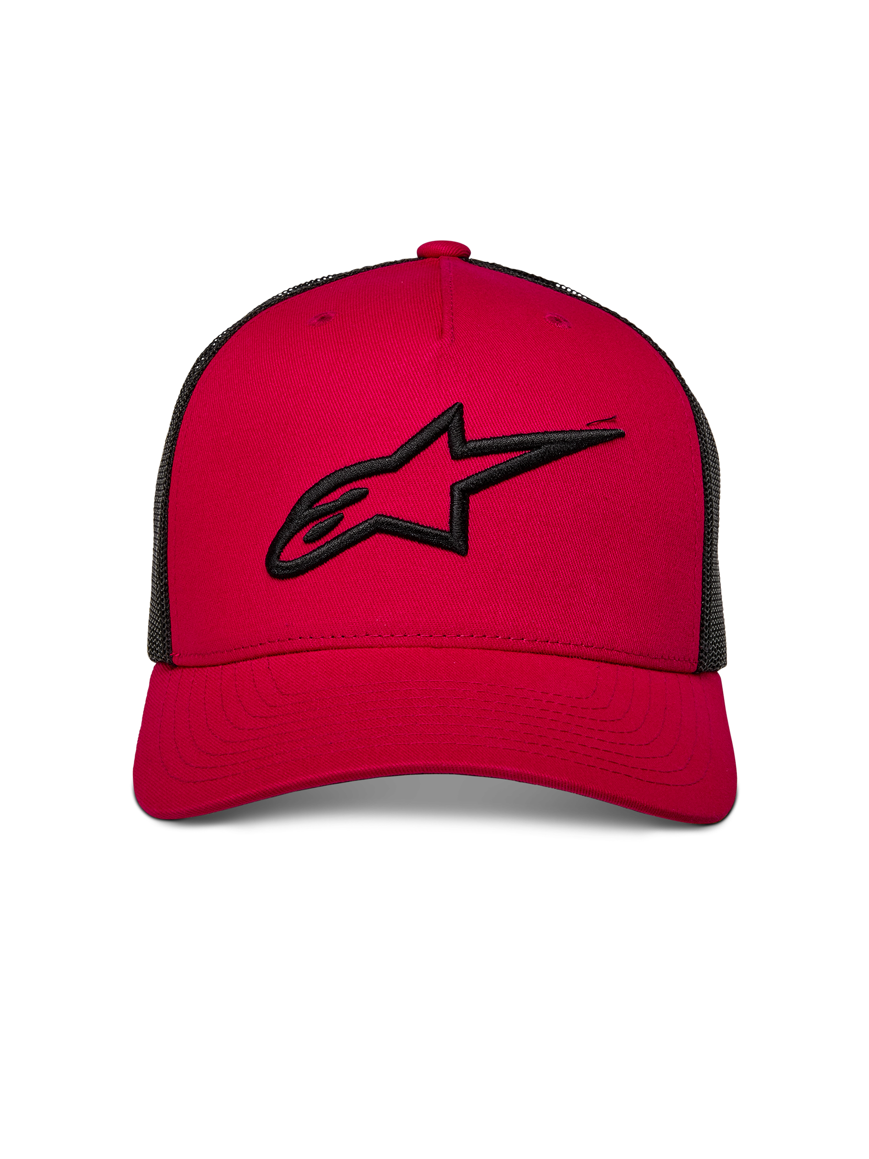 Boné Alpinestars Ageless Trucker, vermelho com rede preta na parte de trás, logótipo Astars bordado a 3D em preto na parte frontal, pala curva, acessório de estilo casual inspirado no desporto motorizado