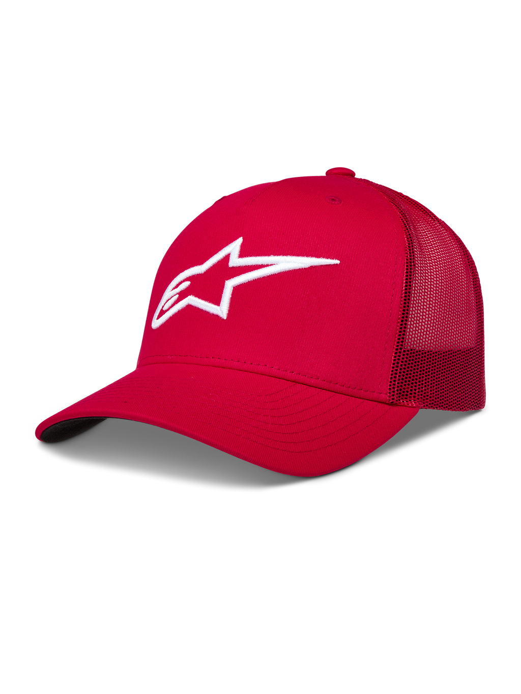 Alpinestars Ageless Snapback Chapéu, boné vermelho com rede traseira, logótipo Astars branco bordado em 3D e aba curva.