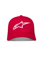 Alpinestars Ageless Snapback, boné trucker para sportswear, vermelho com logótipo Astars bordado em 3D branco, aba curva e coroa estruturada.