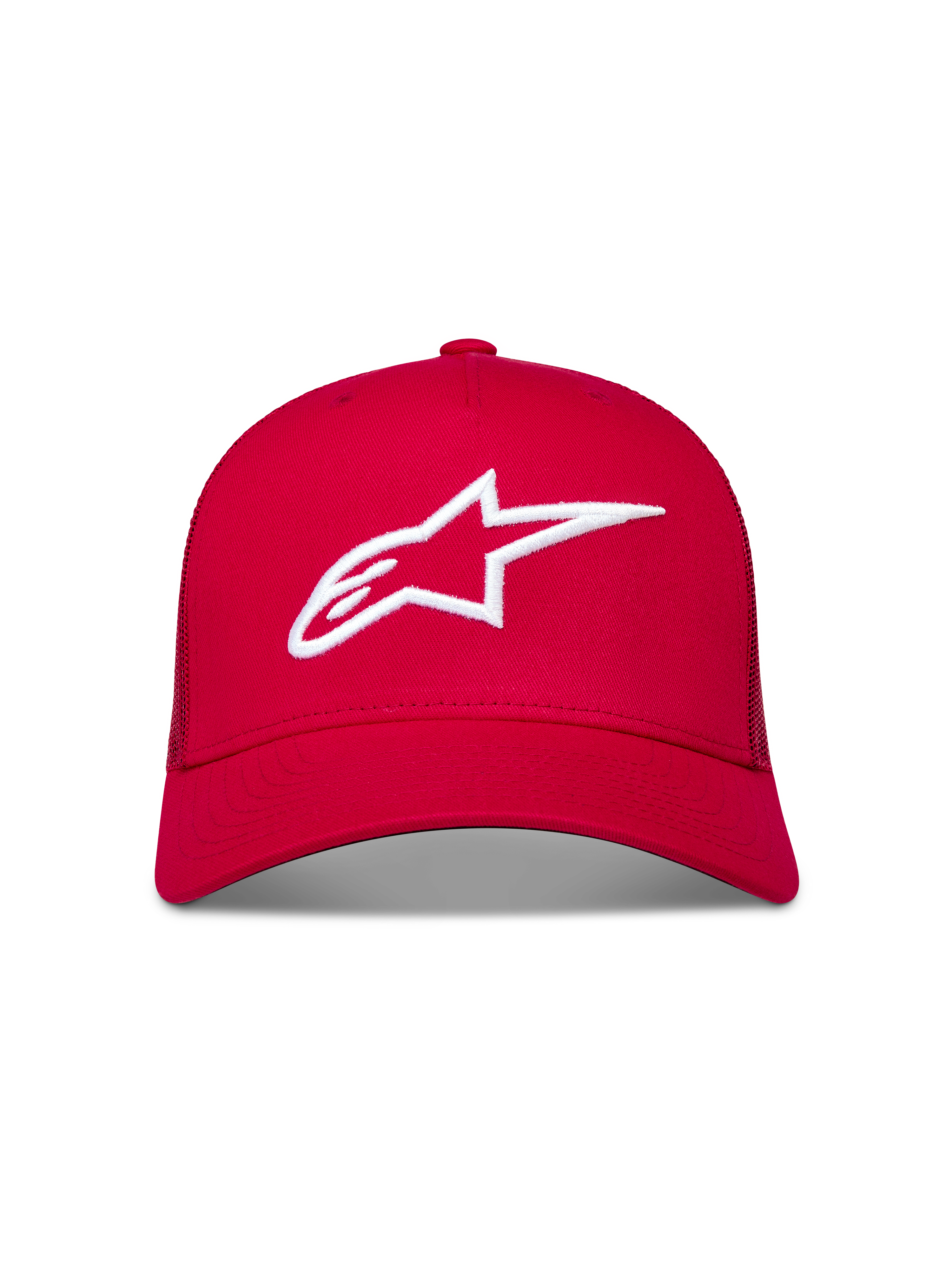 Alpinestars Ageless Snapback, boné trucker para sportswear, vermelho com logótipo Astars bordado em 3D branco, aba curva e coroa estruturada.