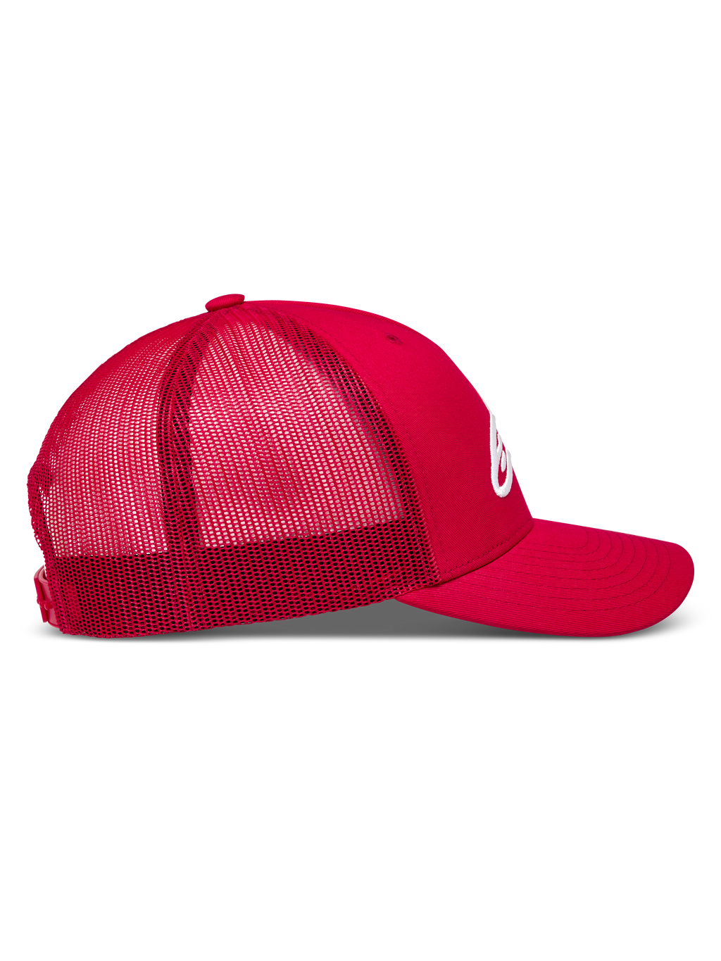 Alpinestars Ageless Snapback, boné trucker vermelho com malha traseira respirável, aba curva e logótipo Astars em 3D.