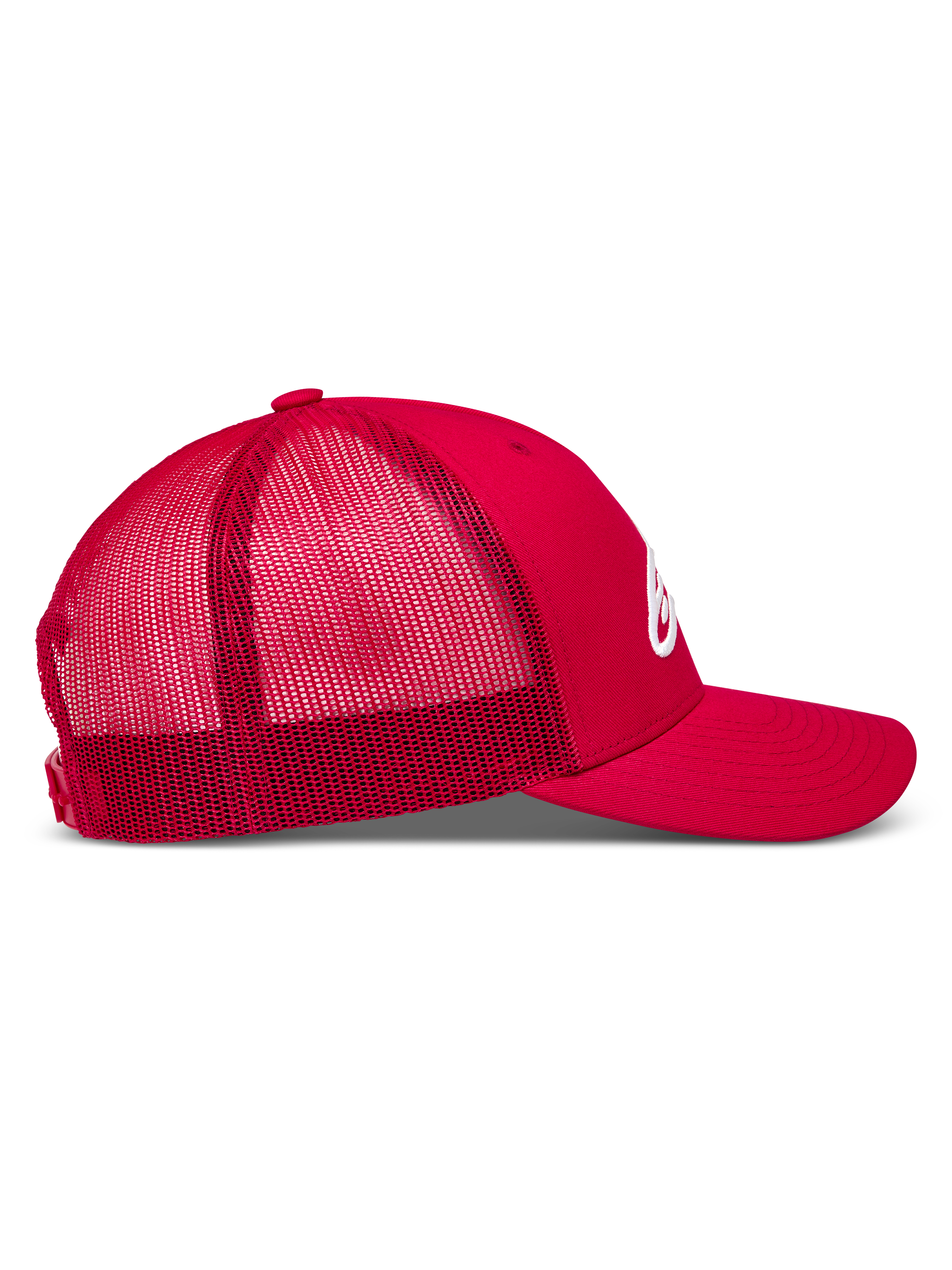 Alpinestars Ageless Snapback, boné trucker vermelho com malha traseira respirável, aba curva e logótipo Astars em 3D.