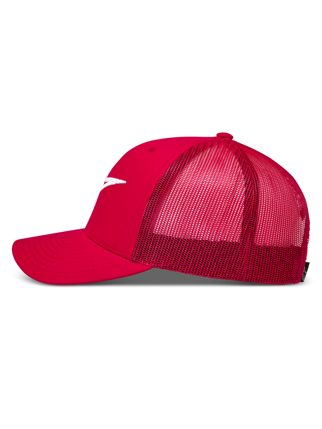 Boné trucker Alpinestars Ageless, vermelho com malha respirável, aba curva e logótipo bordado branco.
