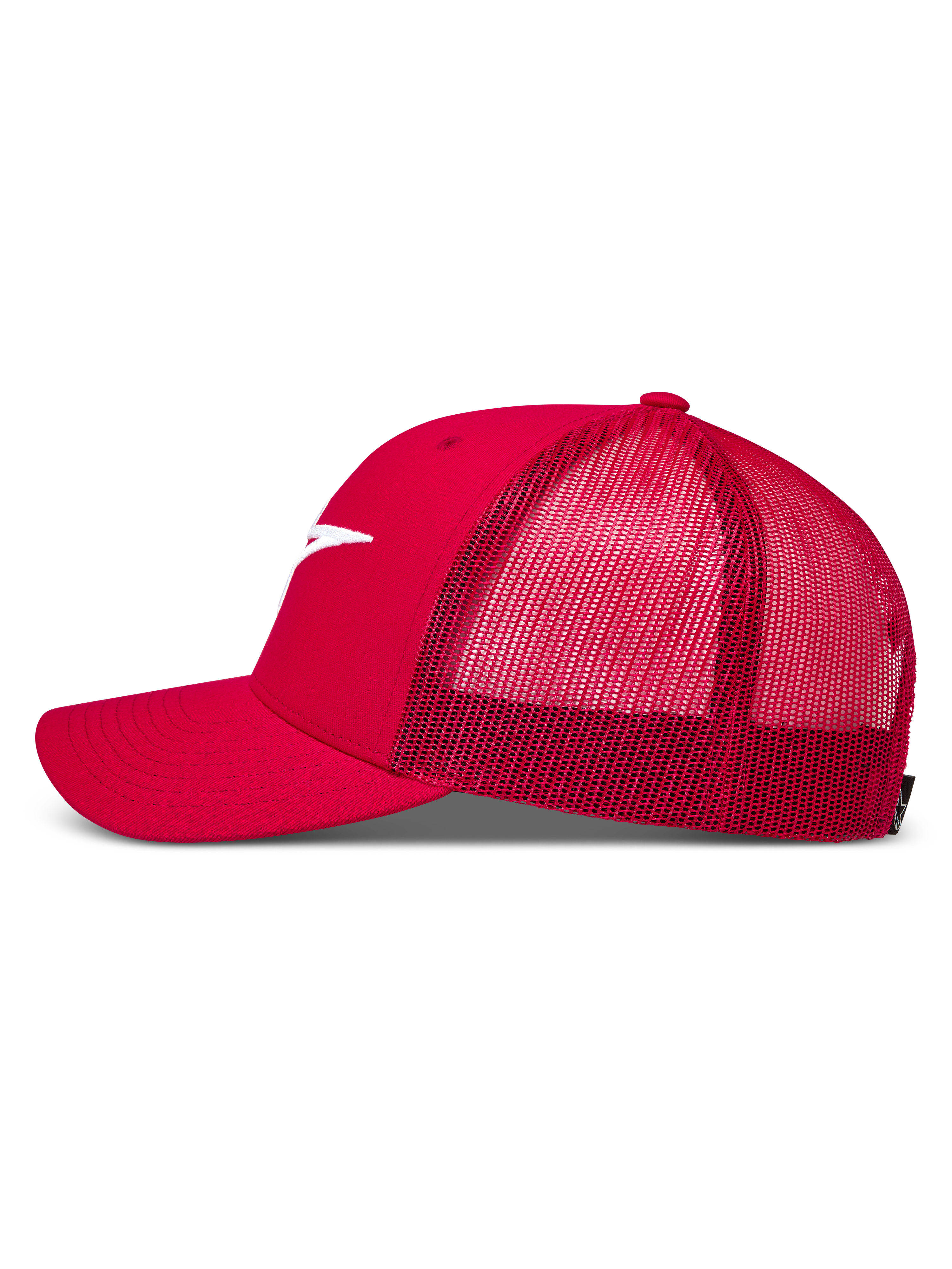 Boné trucker Alpinestars Ageless, vermelho com malha respirável, aba curva e logótipo bordado branco.