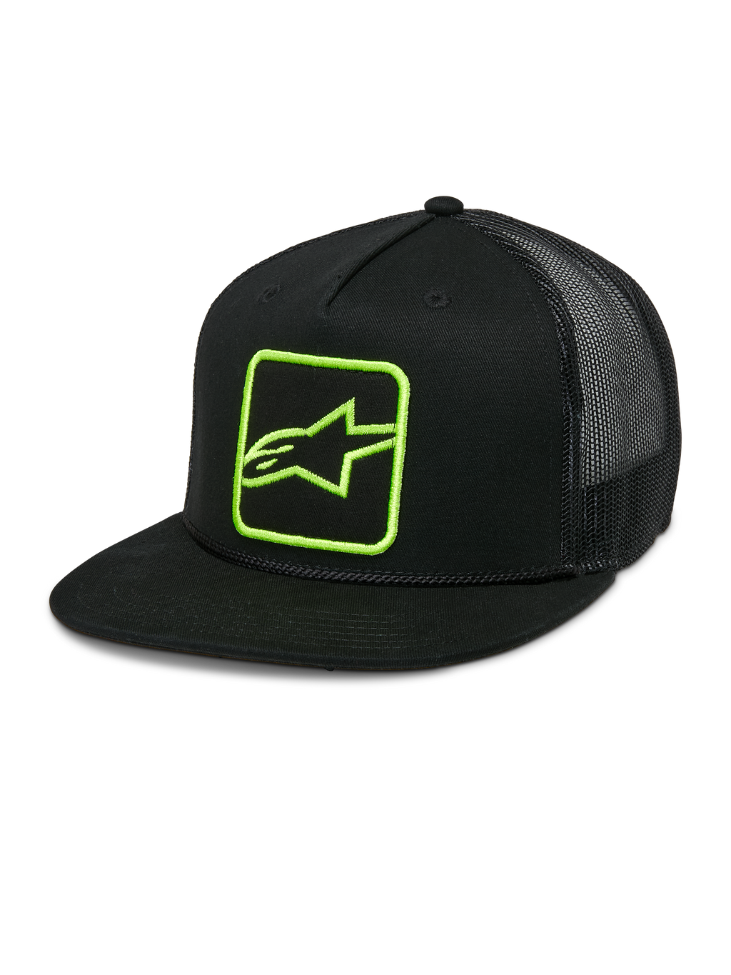 Alpinestars Control Trucker Hat, boné preto com logótipo verde néon, parte traseira em rede, fecho snapback, pala plana com detalhe de corda entrançada, painel frontal estruturado com logótipo Astars bordado, estilo casual motorsport