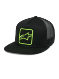 Alpinestars Control Trucker Hat, boné preto com logótipo verde néon, parte traseira em rede, fecho snapback, pala plana com detalhe de corda entrançada, painel frontal estruturado com logótipo Astars bordado, estilo casual motorsport