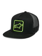 Alpinestars Control Trucker Hat, boné preto com logótipo verde néon, parte traseira em rede, fecho snapback, pala plana com detalhe de corda entrançada, painel frontal estruturado com logótipo Astars bordado, estilo casual motorsport