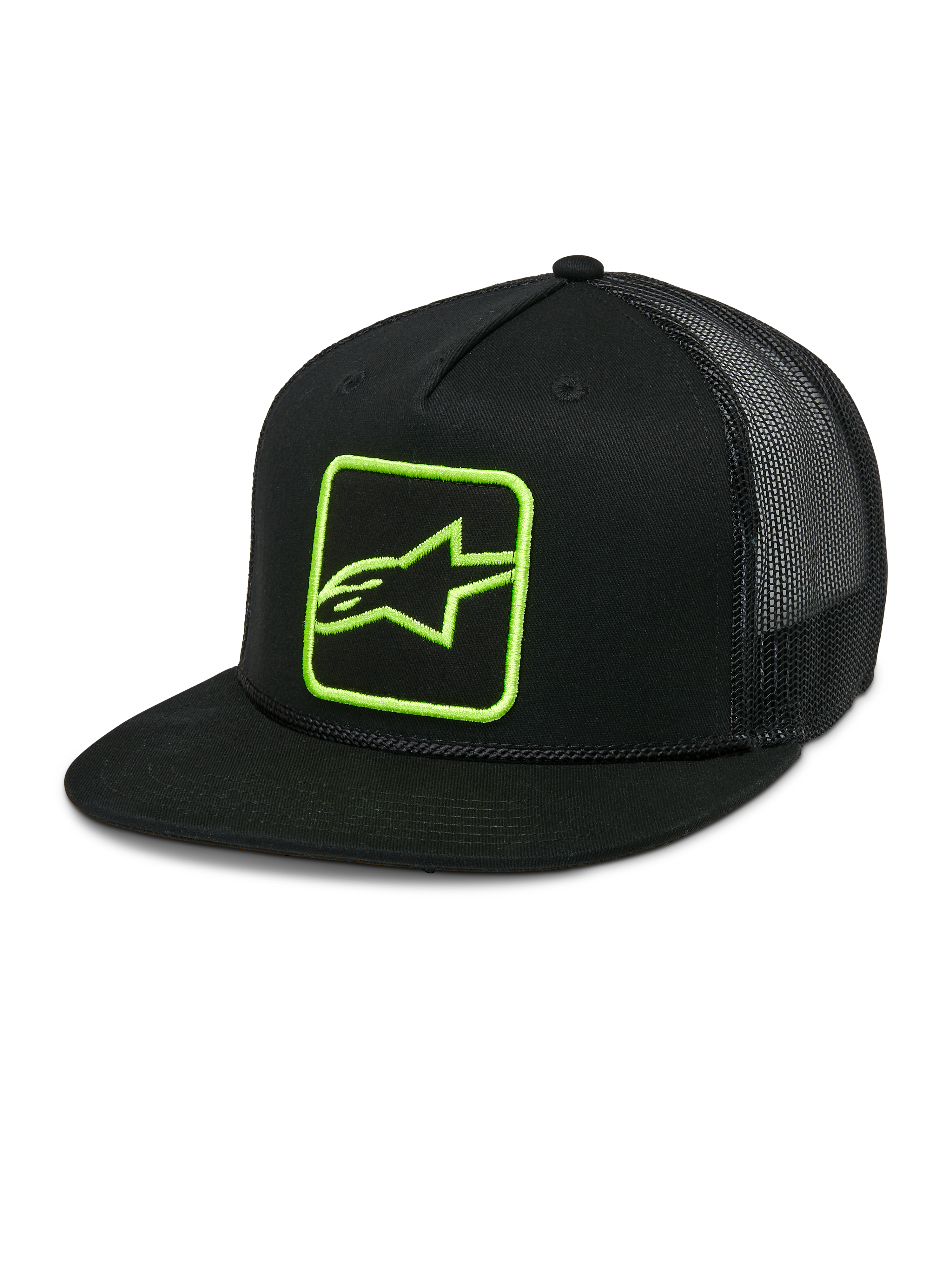 Alpinestars Control Trucker Hat, boné preto com logótipo verde néon, parte traseira em rede, fecho snapback, pala plana com detalhe de corda entrançada, painel frontal estruturado com logótipo Astars bordado, estilo casual motorsport