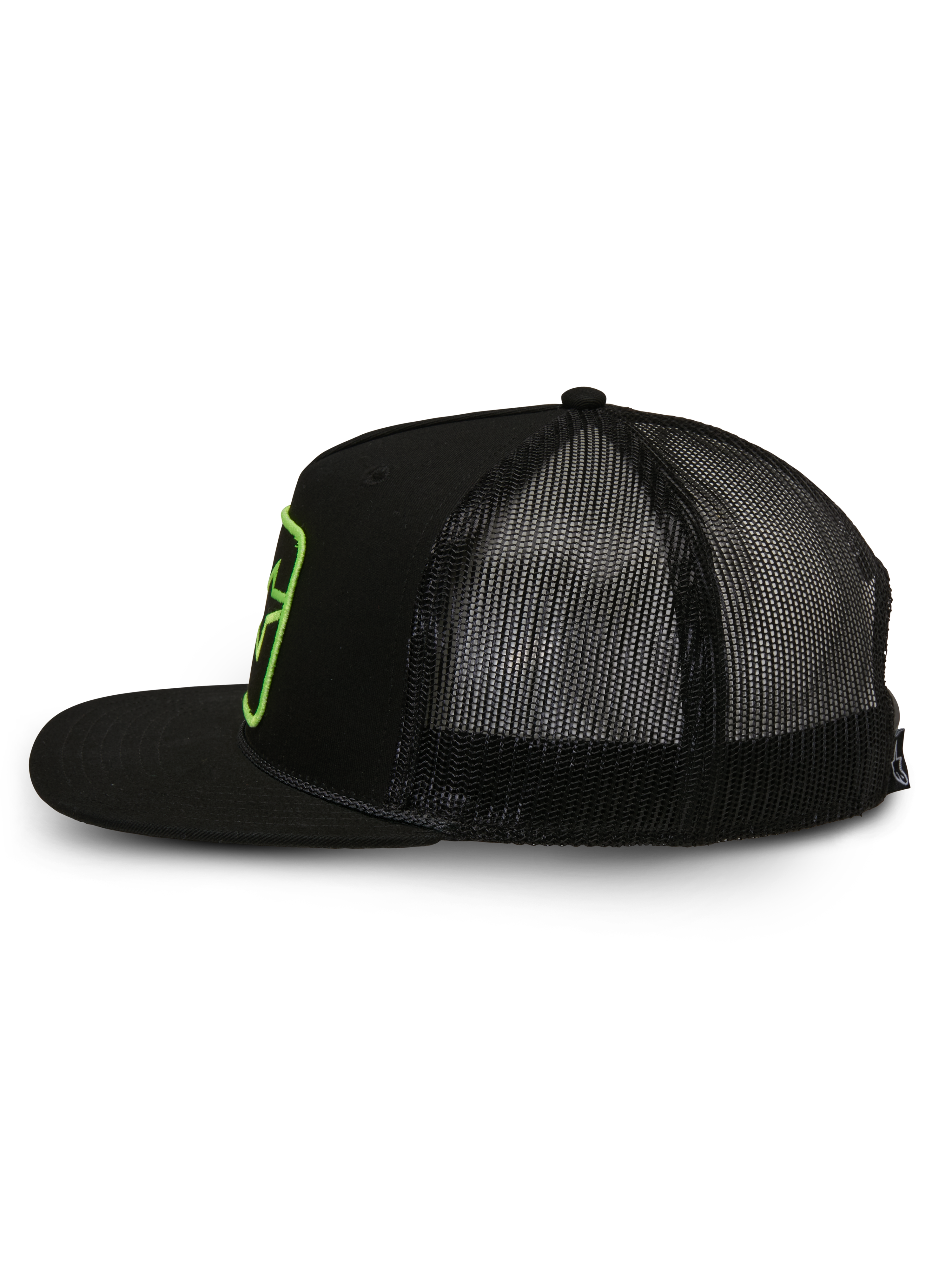 Alpinestars Control Trucker Hat, boné trucker, preto, vista de perfil lateral com parte traseira em malha de poliéster e frente em sarja, pala plana com detalhe de corda entrançada, patch com logótipo bordado a verde, streetwear casual inspirado no desporto motorizado