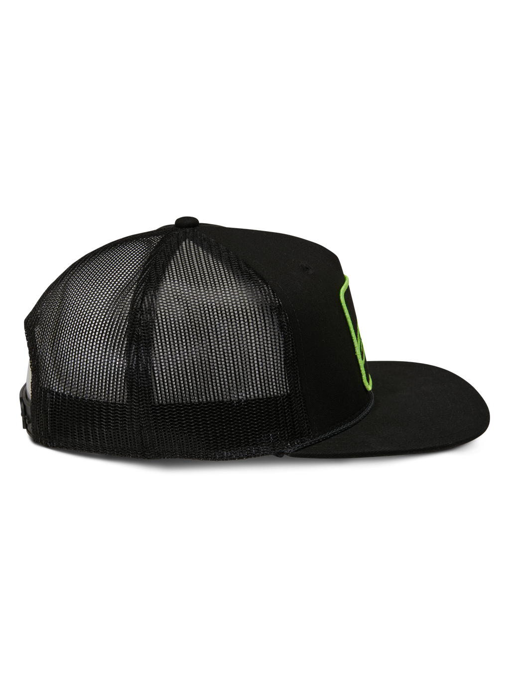 Alpinestars Control Trucker Hat, boné trucker, preto, vista lateral com parte traseira em malha e aba plana, contorno do logótipo bordado em verde lima, streetwear casual de desportos motorizados