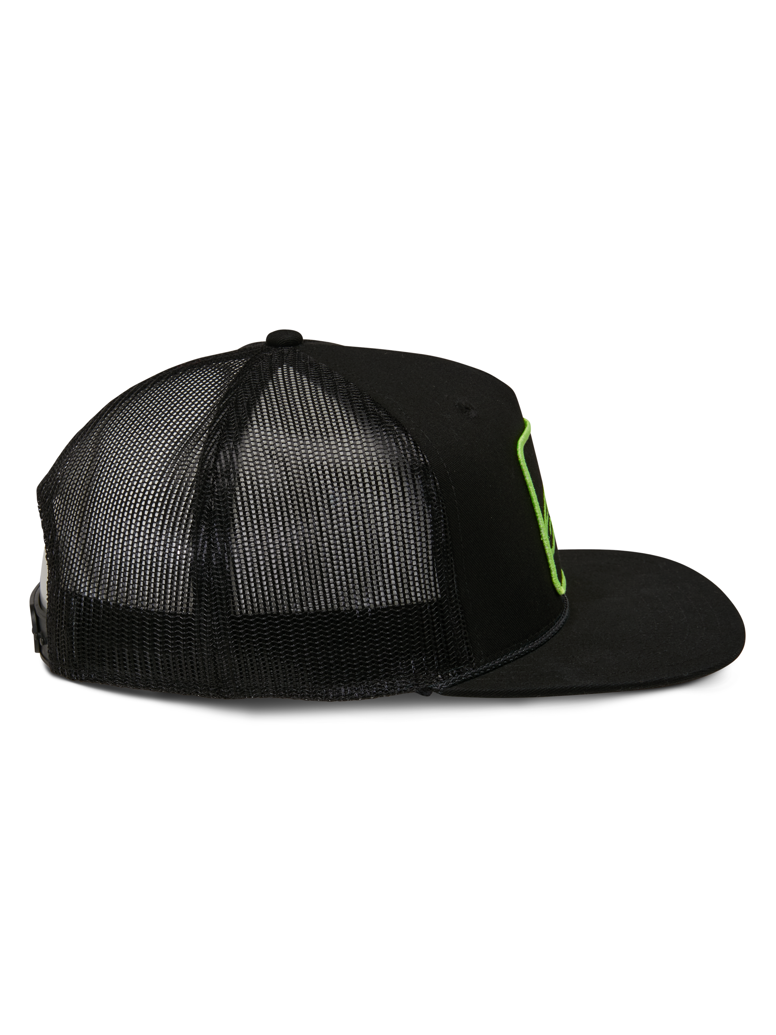 Alpinestars Control Trucker Hat, boné trucker, preto, vista lateral com parte traseira em malha e aba plana, contorno do logótipo bordado em verde lima, streetwear casual de desportos motorizados