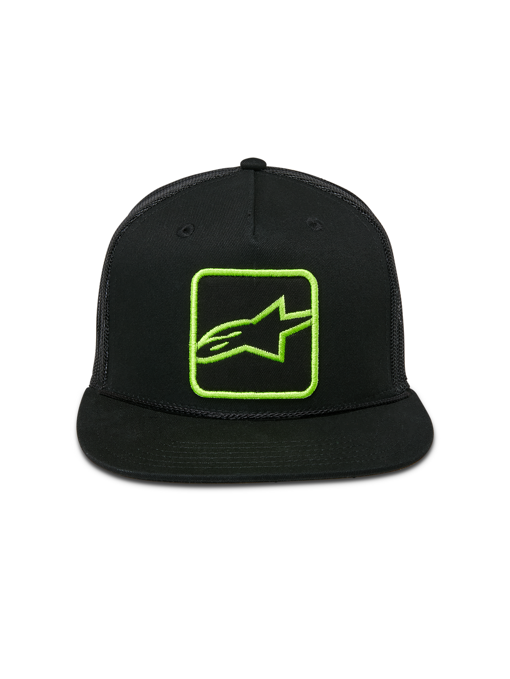 Boné Trucker Alpinestars Control, preto com logótipo bordado em verde lima, pala plana com corda entrançada, parte traseira em malha com fecho snapback, streetwear casual de desportos motorizados