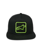 Boné Trucker Alpinestars Control, preto com logótipo bordado em verde lima, pala plana com corda entrançada, parte traseira em malha com fecho snapback, streetwear casual de desportos motorizados