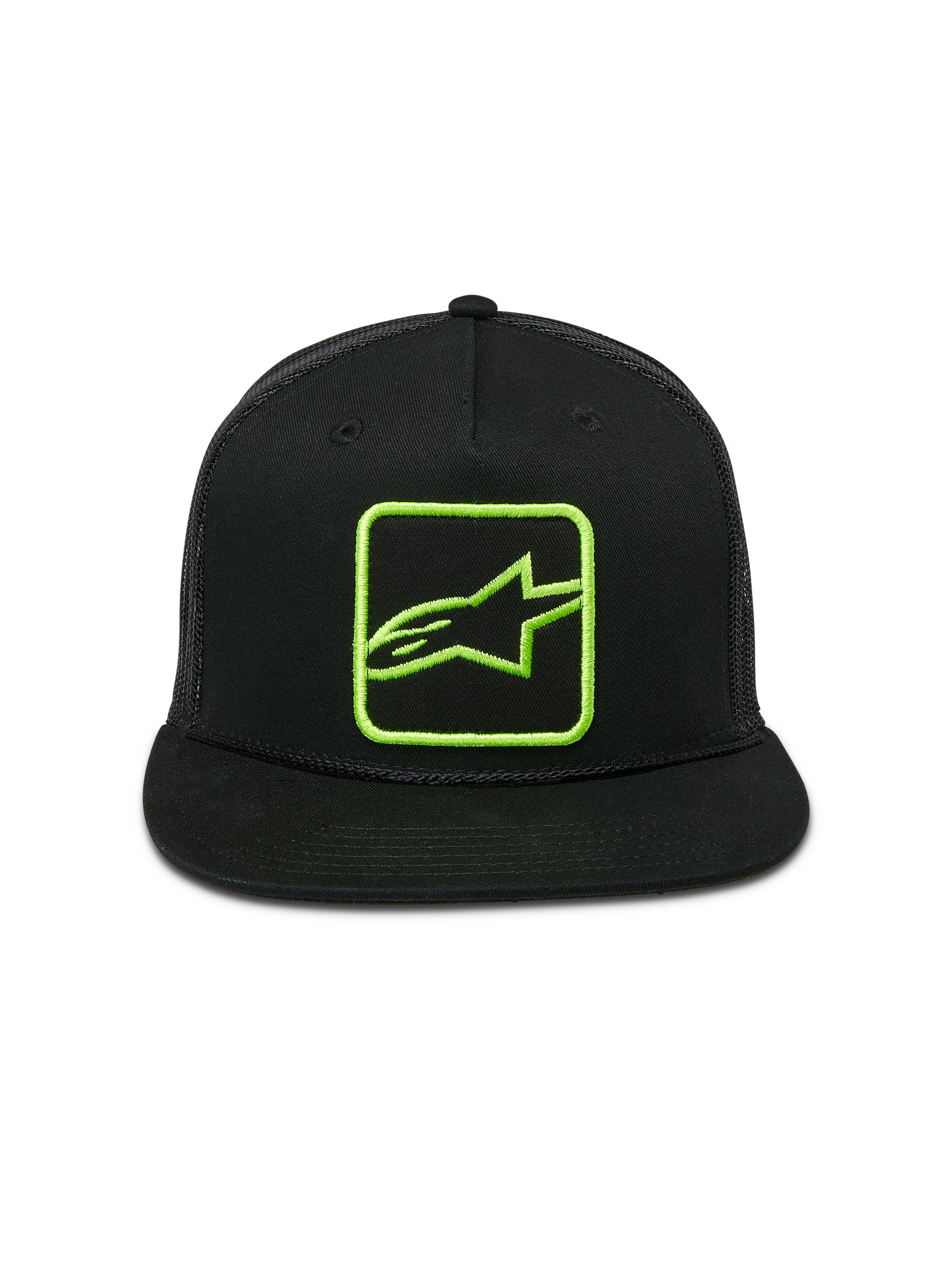 Boné Trucker Alpinestars Control, preto com logótipo bordado em verde lima, pala plana com corda entrançada, parte traseira em malha com fecho snapback, streetwear casual de desportos motorizados