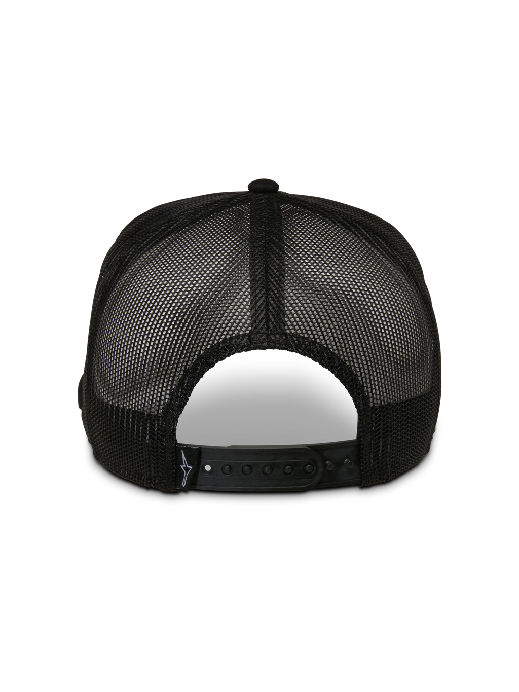 Boné Trucker Control da Alpinestars, vista traseira, preto, com painéis de malha respirável e fecho snapback ajustável, acessório de cabeça casual de motorsport