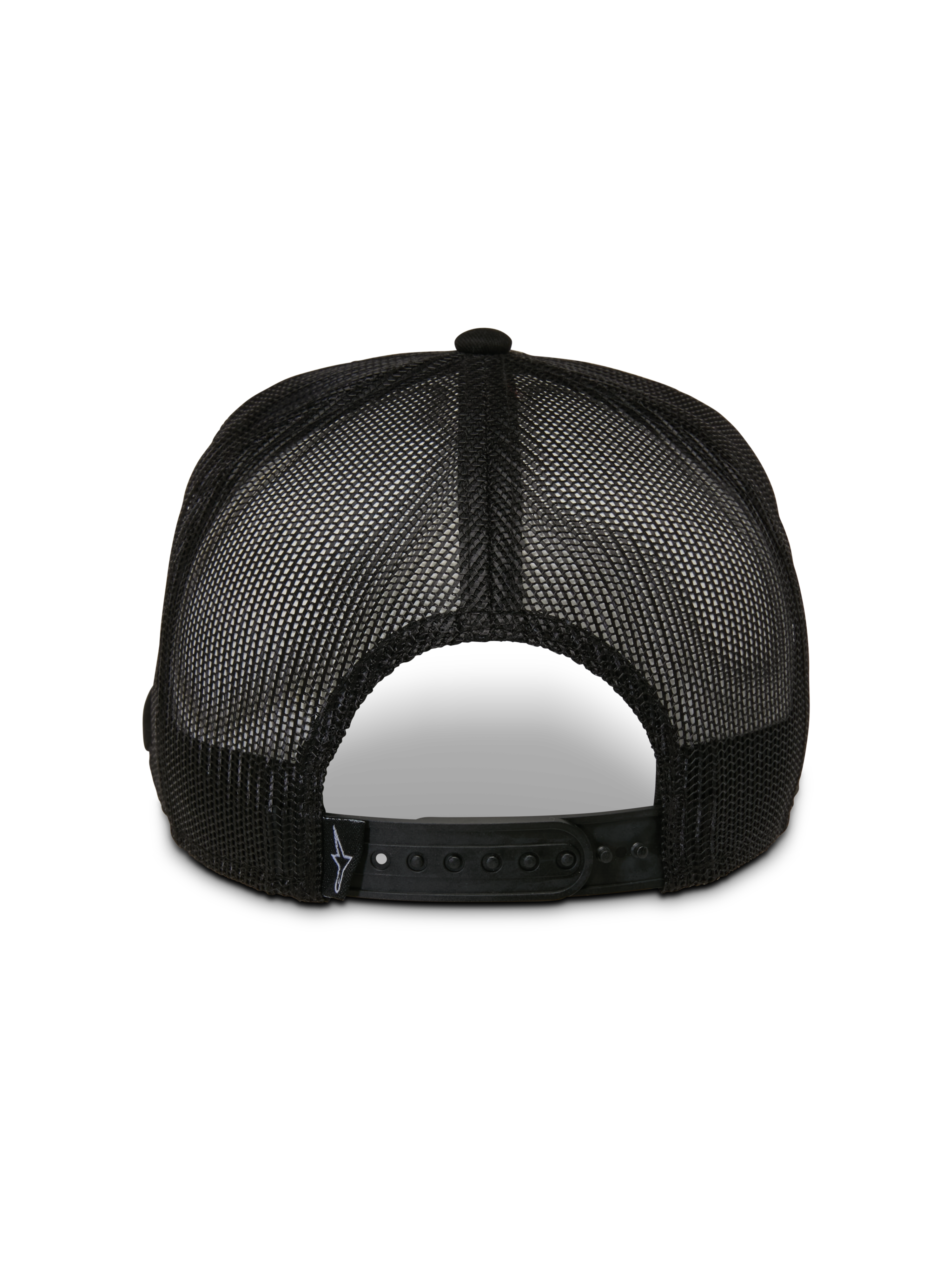 Boné Trucker Control da Alpinestars, vista traseira, preto, com painéis de malha respirável e fecho snapback ajustável, acessório de cabeça casual de motorsport