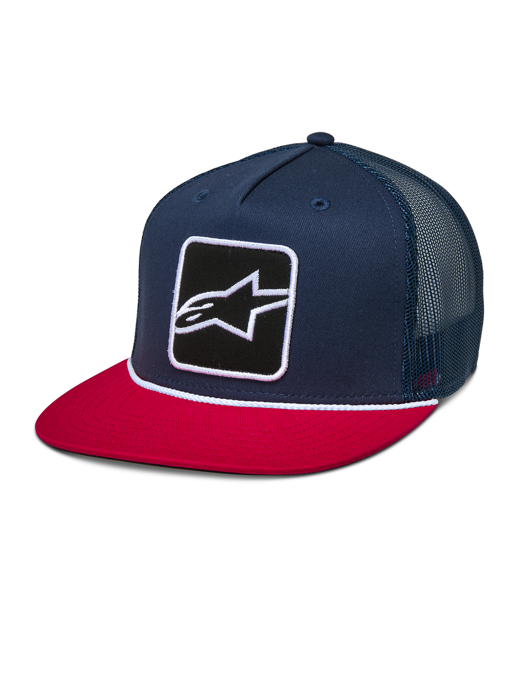 Alpinestars Control Trucker Hat, Navy Blue and Red, flat bill snapback cap with navy mesh back, featuring a front Astars logo embroidered patch and white braided rope detail, casual motorsport-inspired headwear