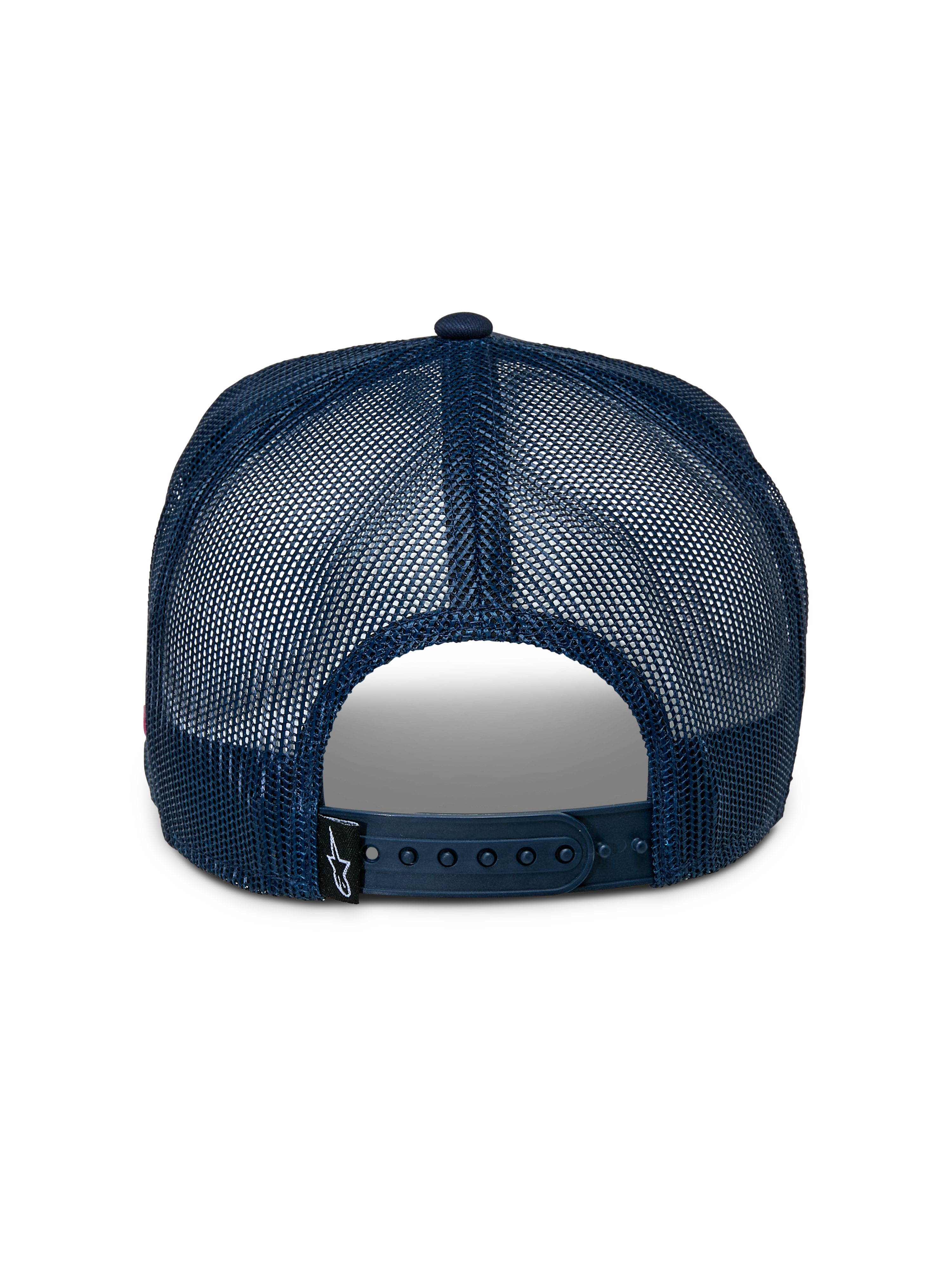Alpinestars Control Trucker Hat, Rear View, Navy Blue Mesh Back, Adjustable Snapback Closure, Small Black Astars Logo Label, Casual Sportswear Accessory