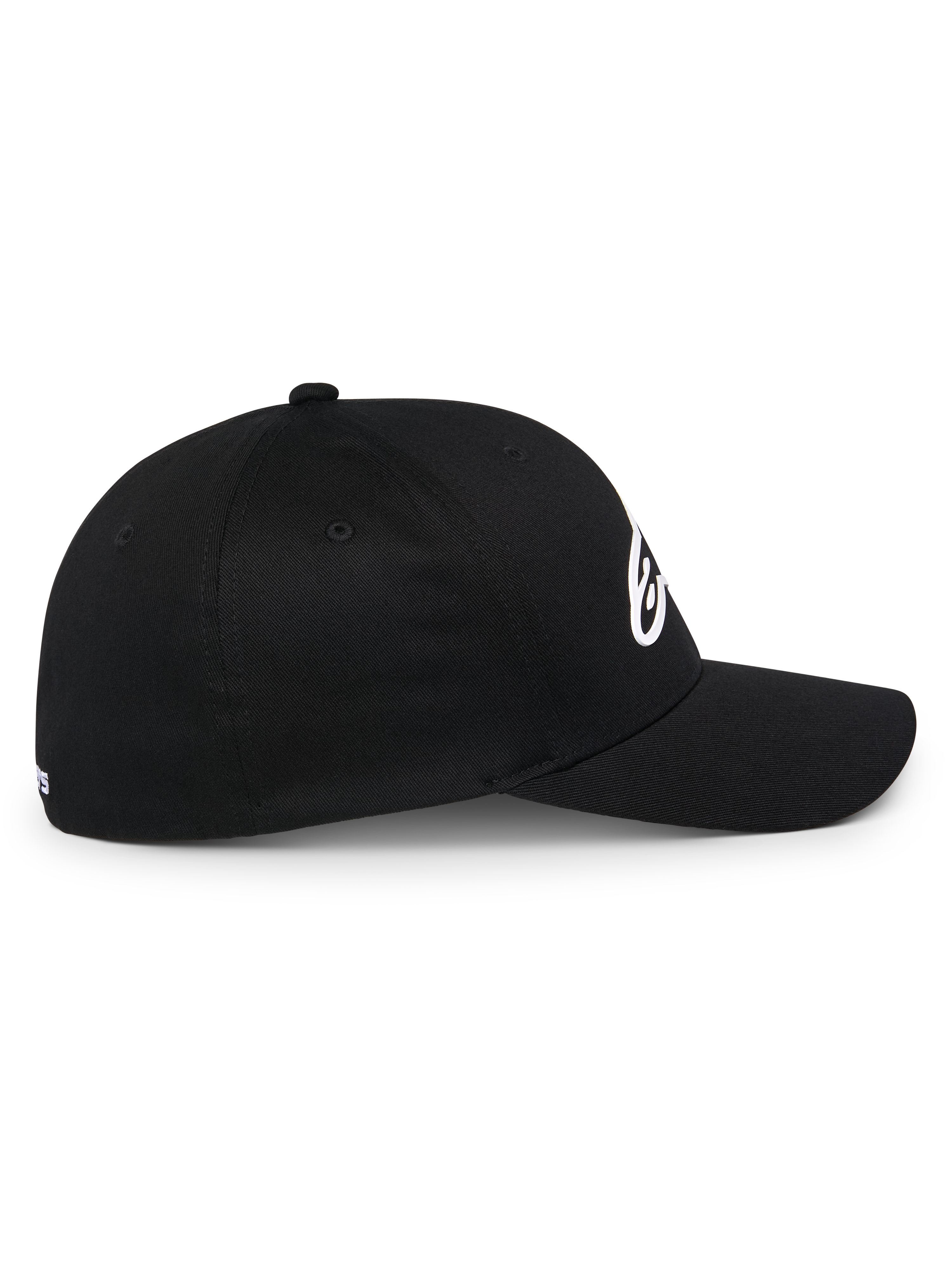 Alpinestars Ageless Multi Hat, Black Sportswear Baseball Cap, Side Profile View, Curved Bill and Structured Crown, White 3D Astars Logo, Casual Motorsport Lifestyle