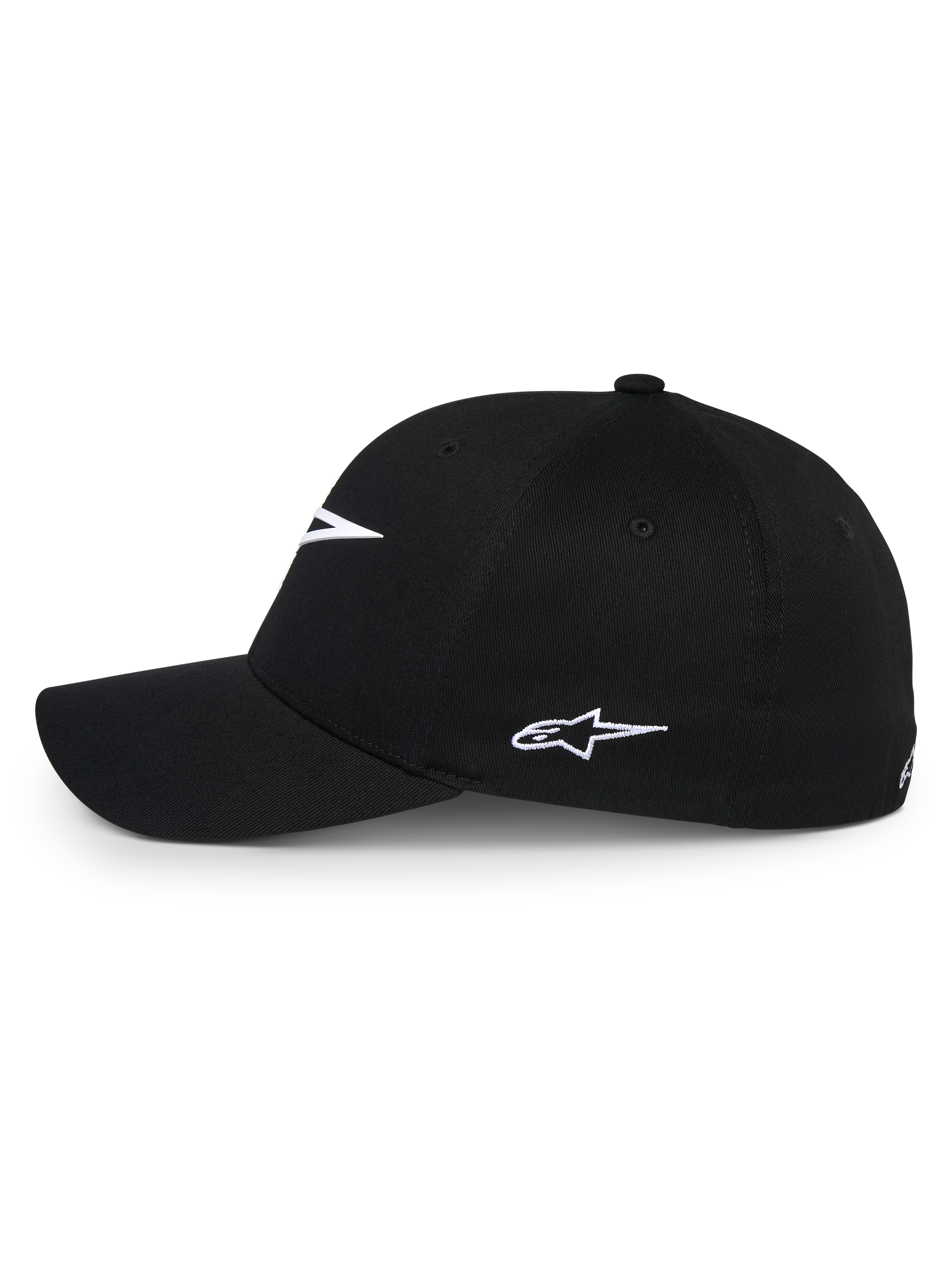 Alpinestars Ageless Multi Hat, Black baseball cap, side profile view with white embroidered Astars logo, curved bill and structured crown, casual sportswear