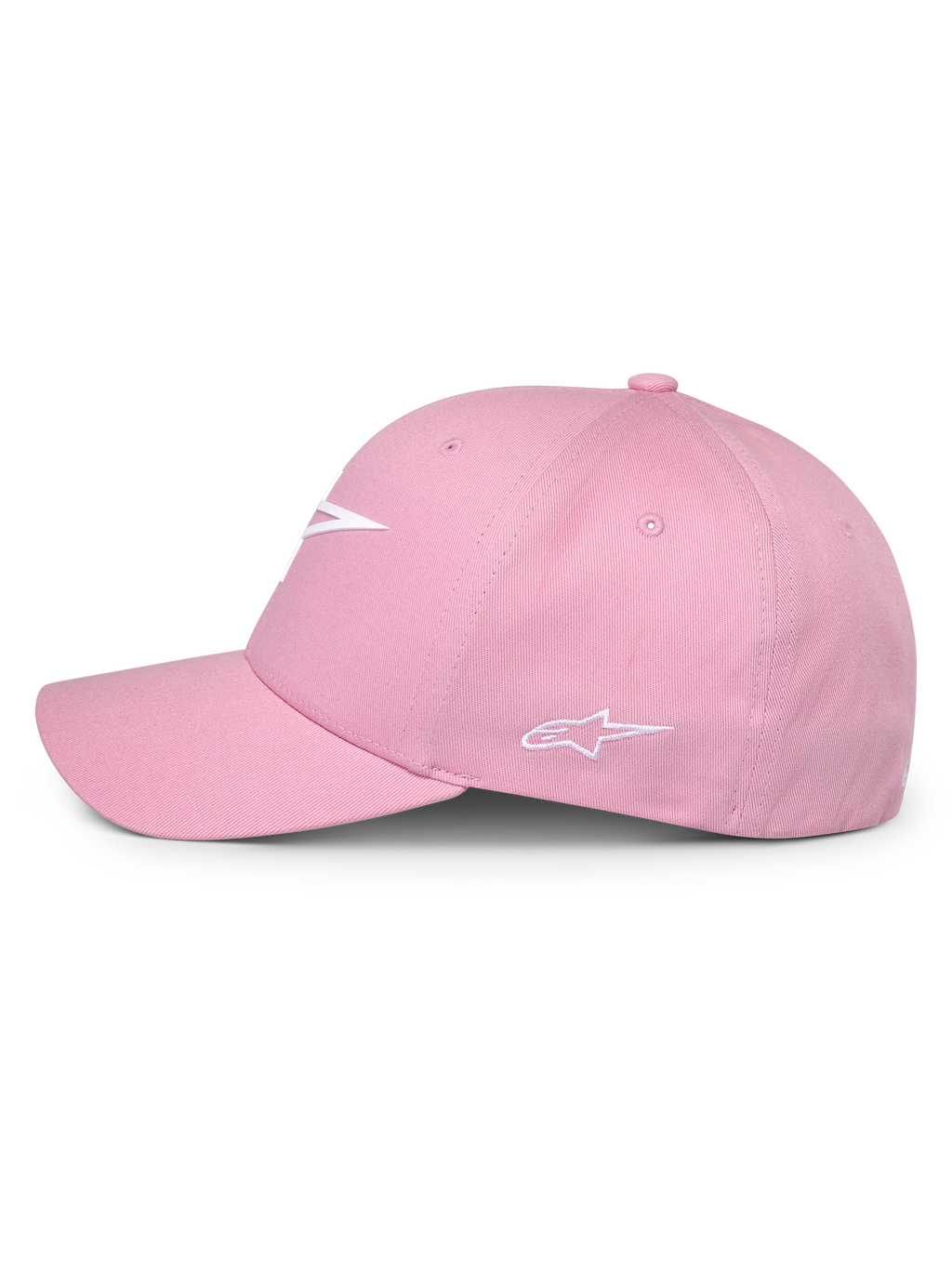 Alpinestars Ageless Multi Hat, Pink, Side profile view, featuring white 3D printed front logo and embroidered side logo, structured crown with curved bill, casual motorsport-inspired headwear