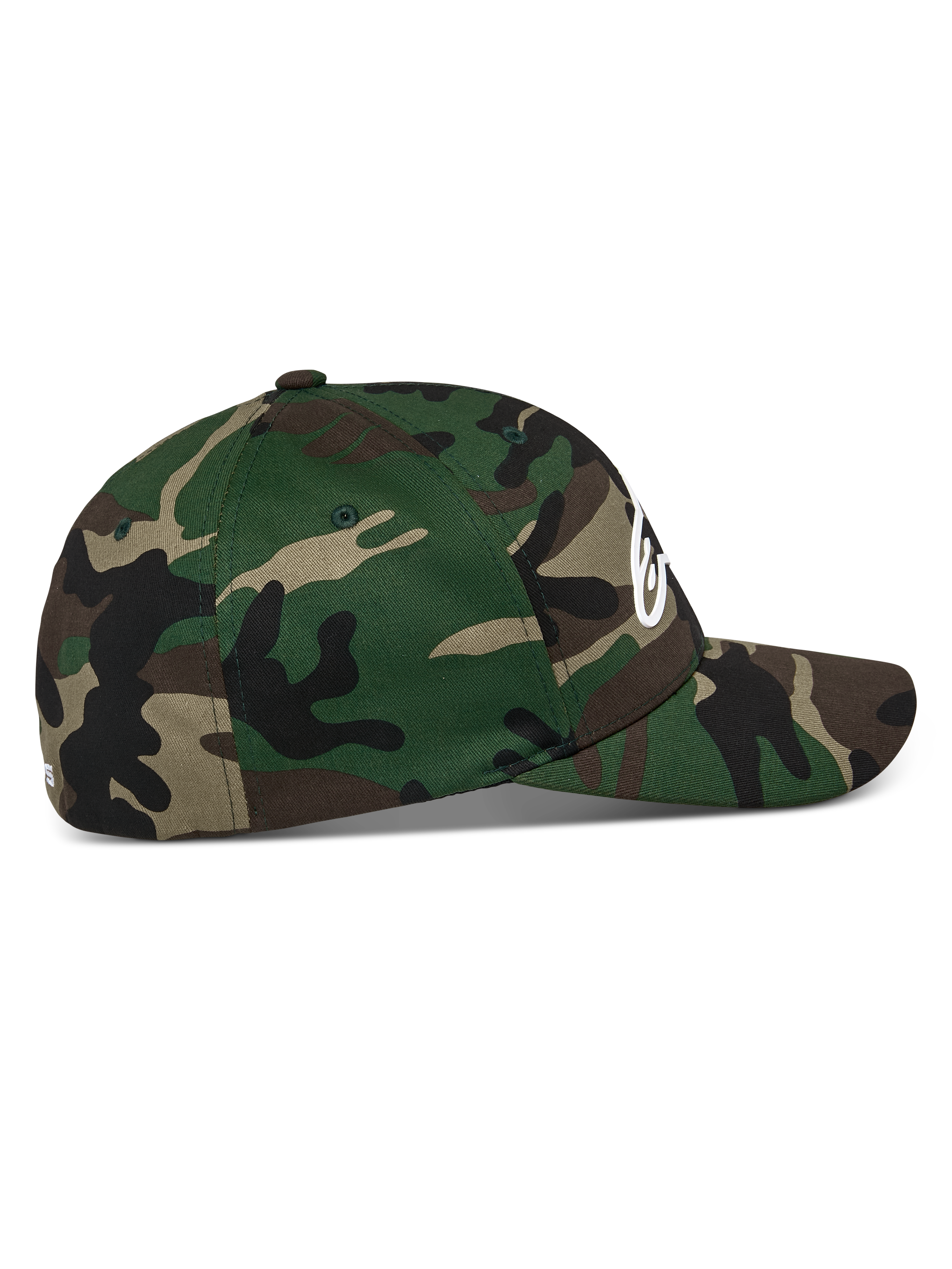 Alpinestars Ageless Multi Hat, Green Camo, side profile view, curved bill with structured crown, stretch twill fabric, white 3D print Astars logo on front and flat embroidery on the back, casual sportswear