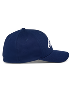 Alpinestars Ageless Multi Hat, Navy Blue, side profile view of curved bill baseball cap, structured crown, stretch twill fabric, casual motorsport-inspired headwear
