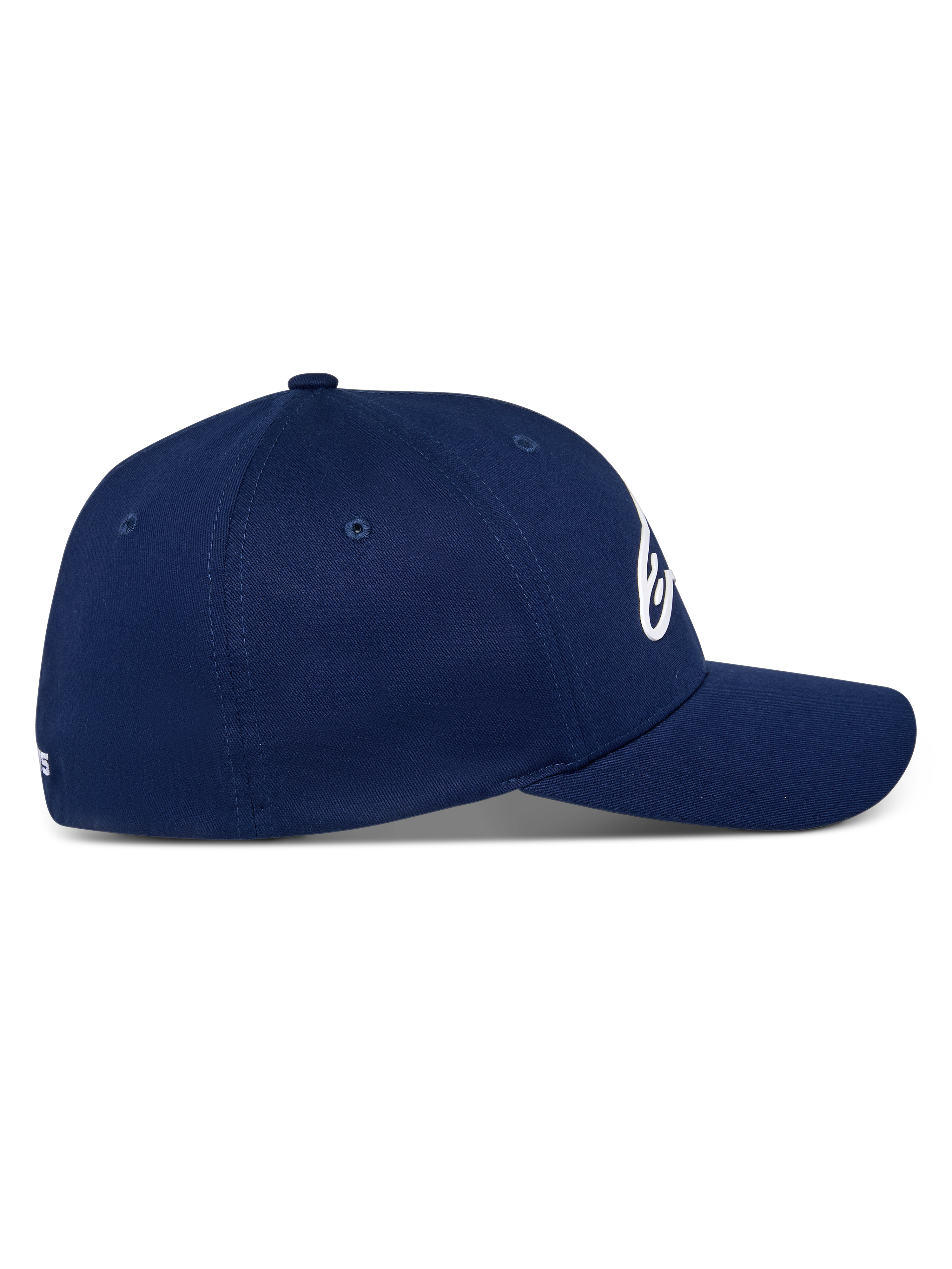 Alpinestars Ageless Multi Hat, Navy Blue, side profile view of curved bill baseball cap, structured crown, stretch twill fabric, casual motorsport-inspired headwear