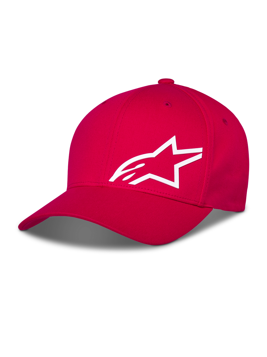 Alpinestars Corp Shift Multi Hat, boné de basebol vermelho, logótipo Astars em 3D branco na frente, aba curva com coroa estruturada, vestuário casual de desporto motorizado