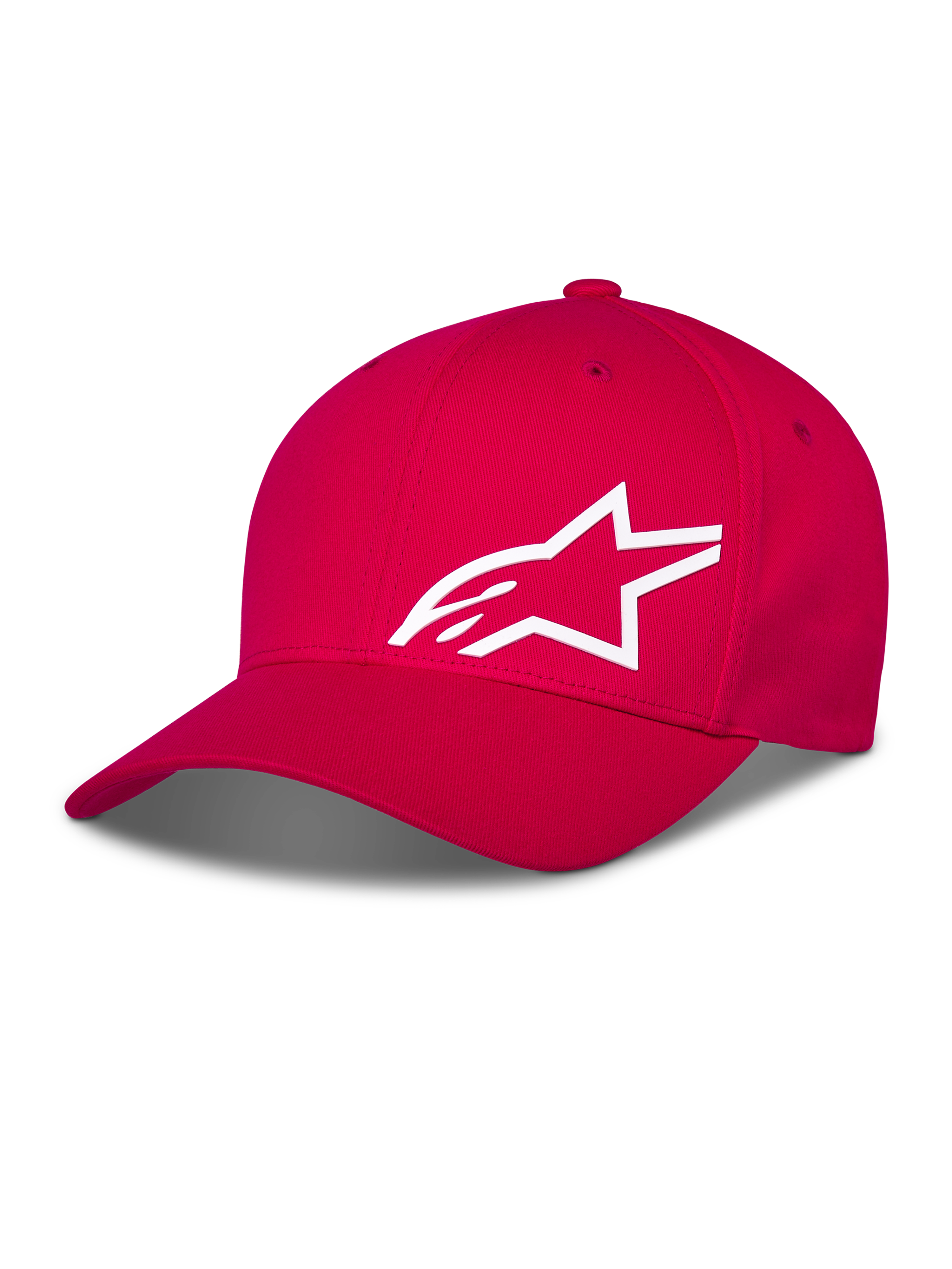 Alpinestars Corp Shift Multi Hat, boné de basebol vermelho, logótipo Astars em 3D branco na frente, aba curva com coroa estruturada, vestuário casual de desporto motorizado