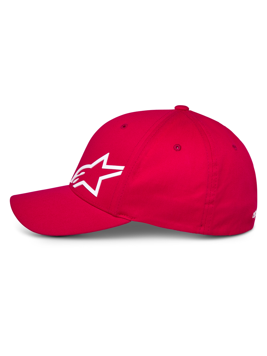 Alpinestars Corp Shift Multi Hat, boné vermelho tipo basebol, vista de perfil lateral com logótipo Astars 3D branco, aba curva e coroa estruturada, acessório casual de desportos motorizados