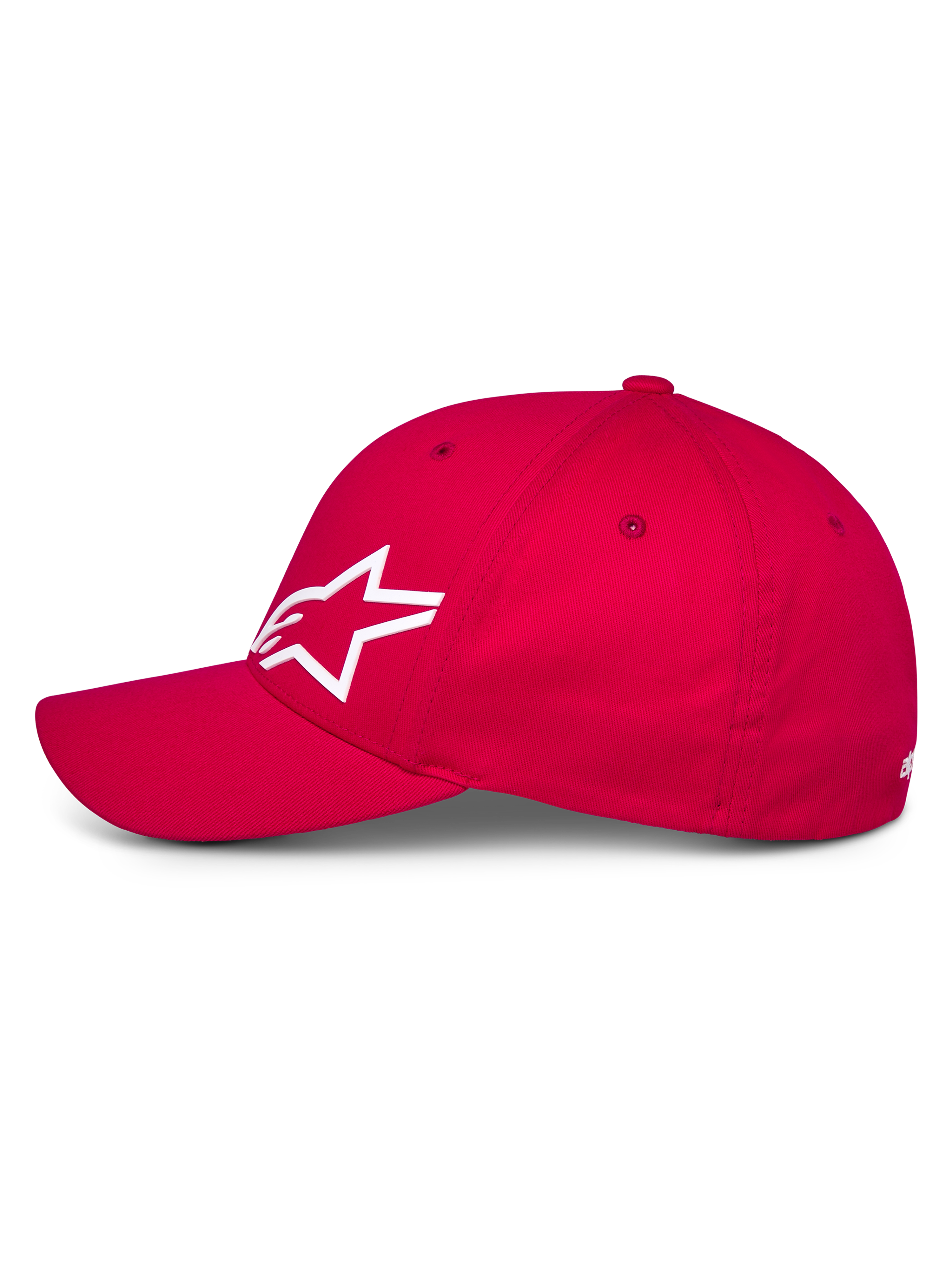 Alpinestars Corp Shift Multi Hat, boné vermelho tipo basebol, vista de perfil lateral com logótipo Astars 3D branco, aba curva e coroa estruturada, acessório casual de desportos motorizados