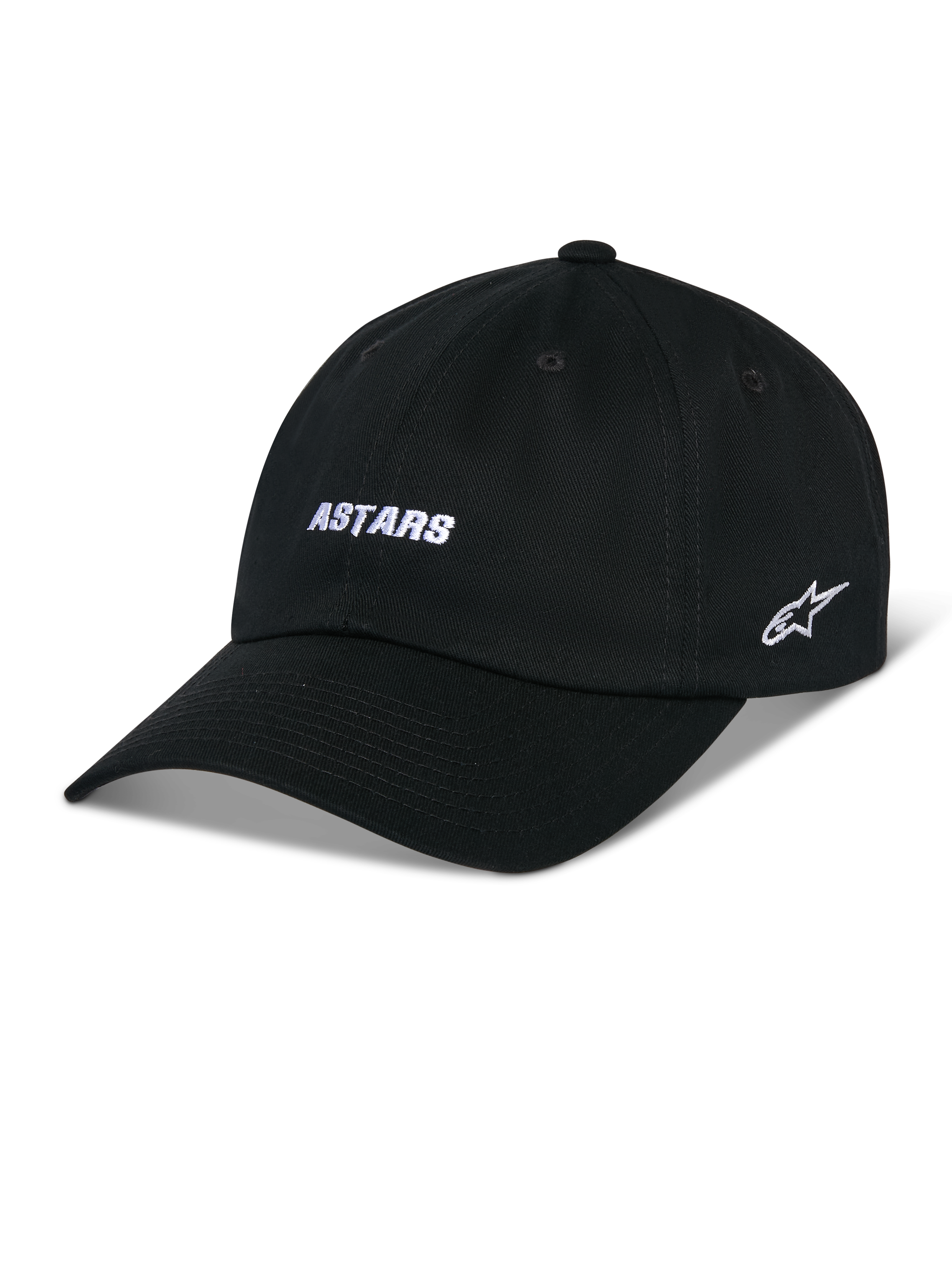 Boné Deduce Strapback Alpinestars, boné de basebol preto com pala curva, bordado frontal 'ASTARS' branco e logótipo de estrela lateral, coroa baixa não estruturada, tecido de sarja de algodão