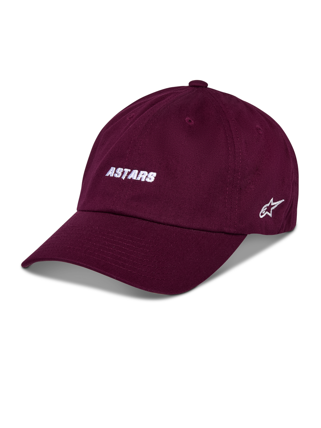Alpinestars Deduce Strapback Hat, boné de basebol cor de vinho, texto 'ASTARS' bordado a branco na frente, logótipo de estrela na lateral, pala curva, estilo casual motorsport streetwear