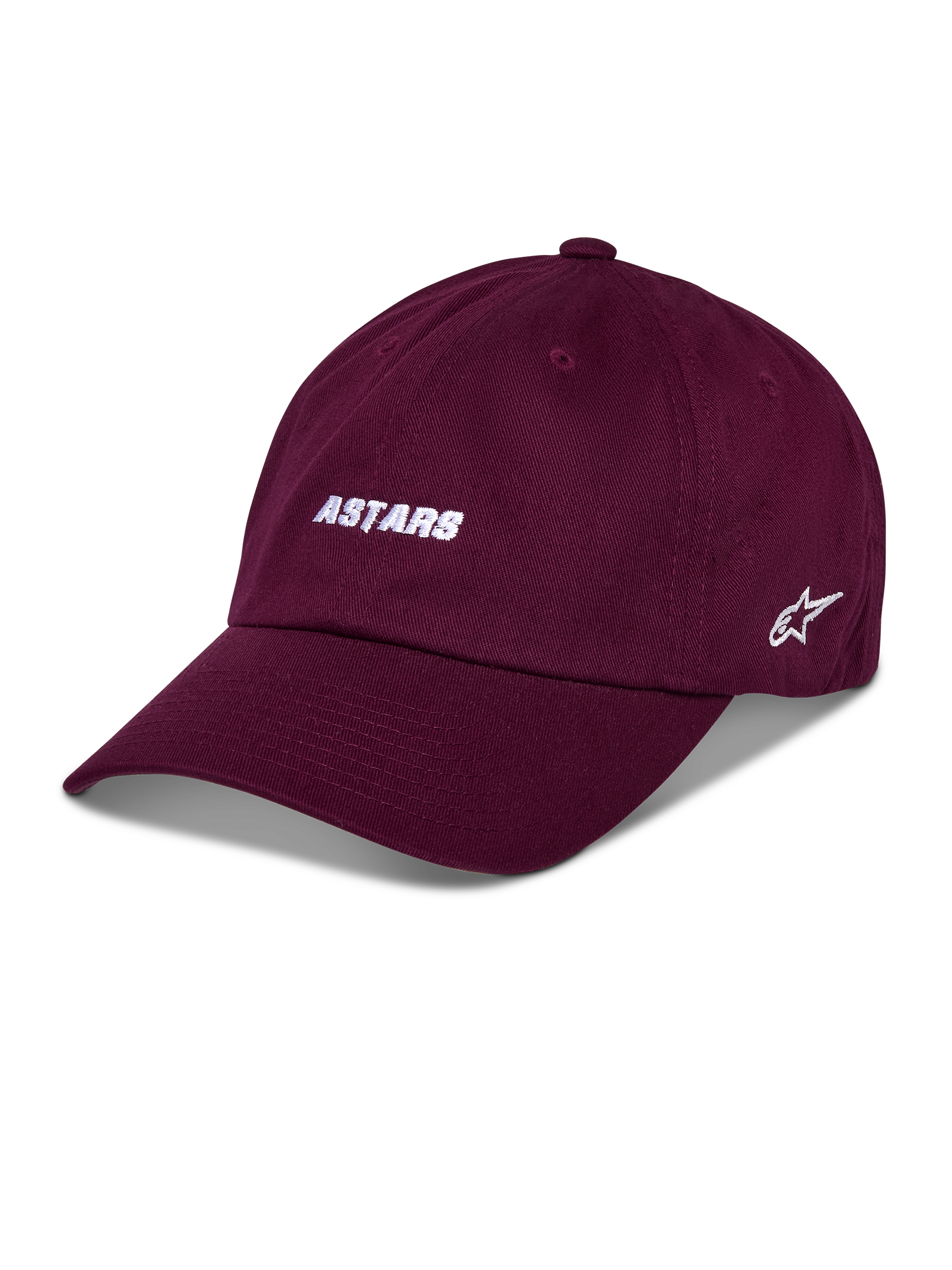 Alpinestars Deduce Strapback Hat, Baseball Cap, Burgundy, white embroidered ASTARS text on front, star logo on side, curved bill, casual motorsport streetwear