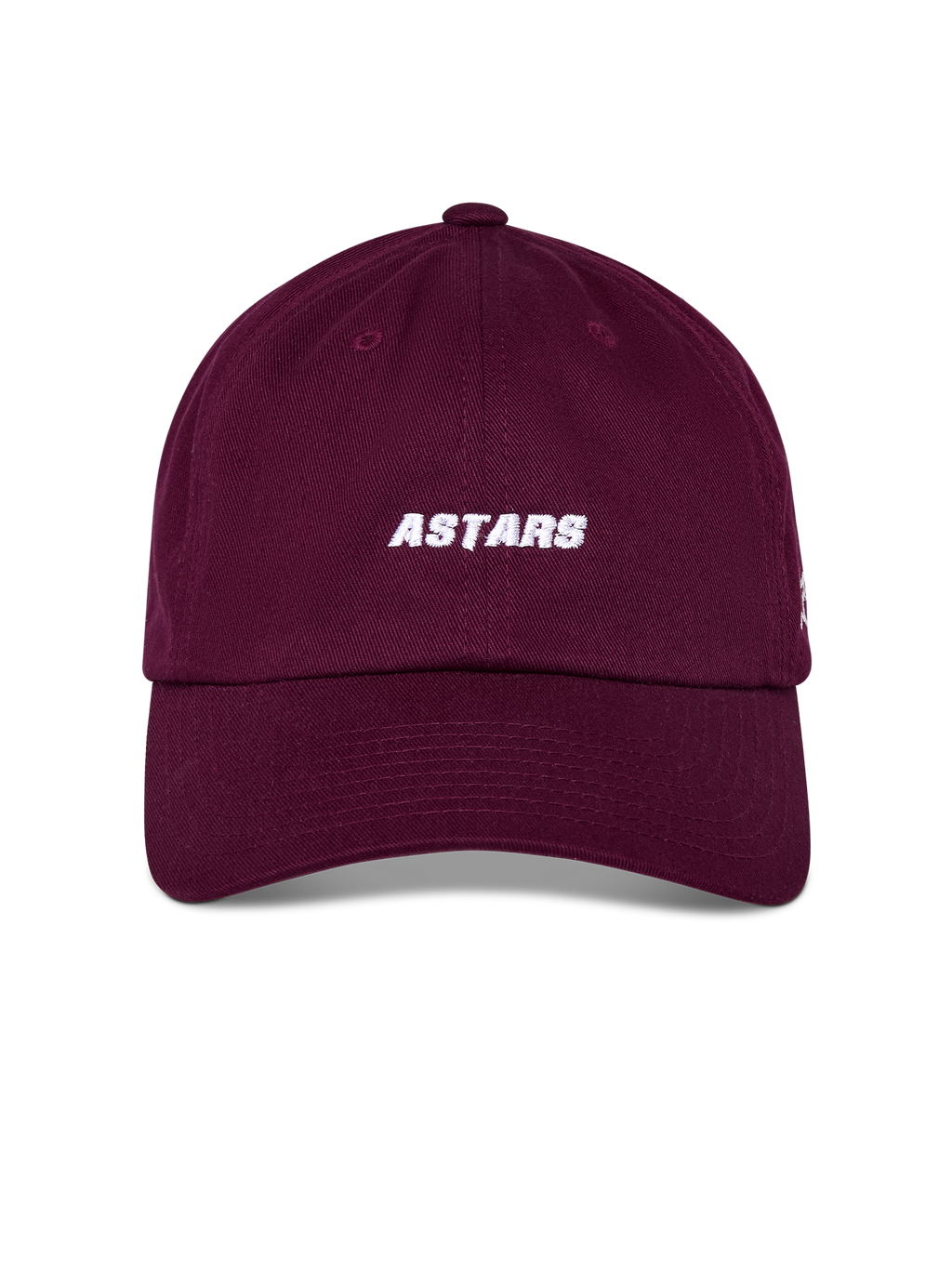 Alpinestars Deduce Strapback Hat, boné borgonha com bordado branco 'ASTARS' na frente, pala curva com coroa baixa não estruturada, acessório de cabeça casual de estilo desportivo