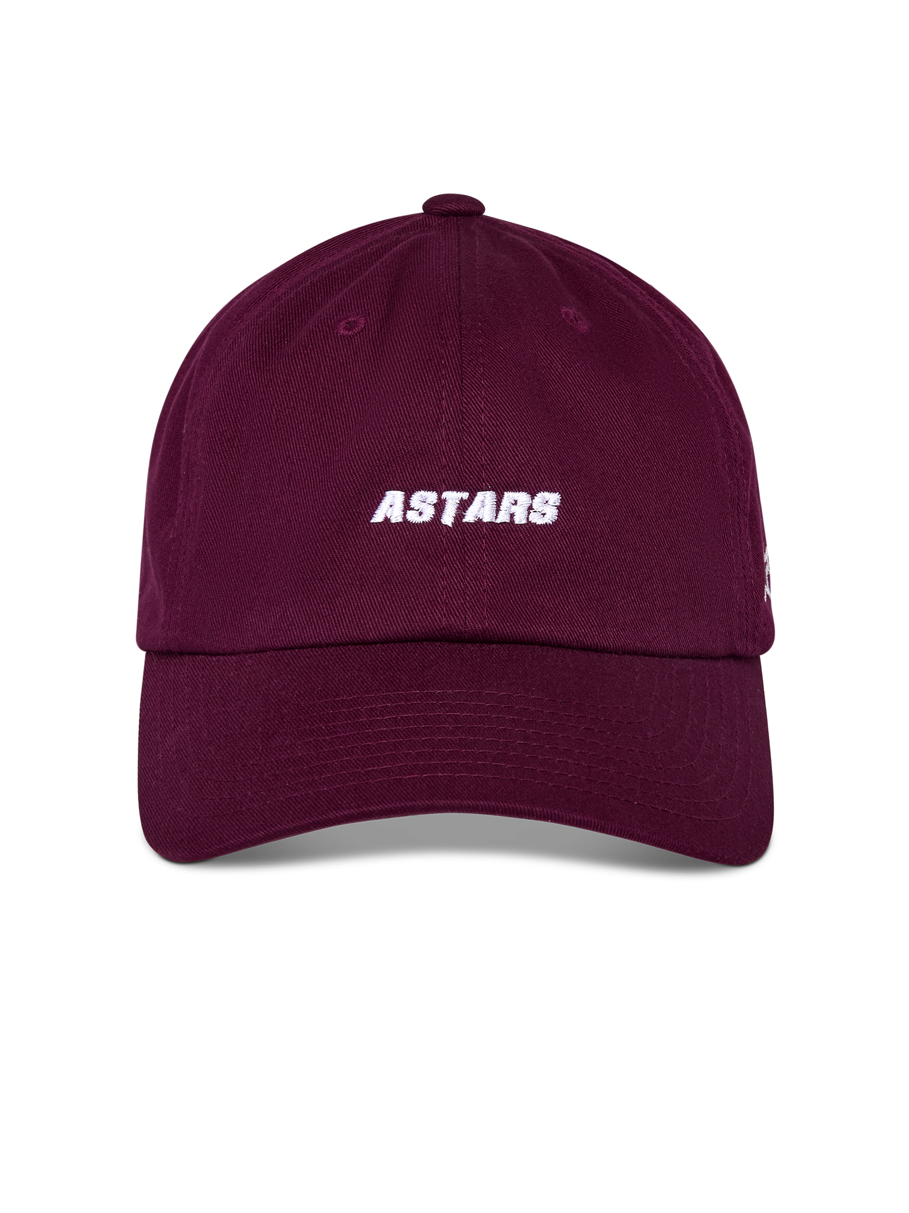 Alpinestars Deduce Strapback Hat, boné borgonha com bordado branco 'ASTARS' na frente, pala curva com coroa baixa não estruturada, acessório de cabeça casual de estilo desportivo