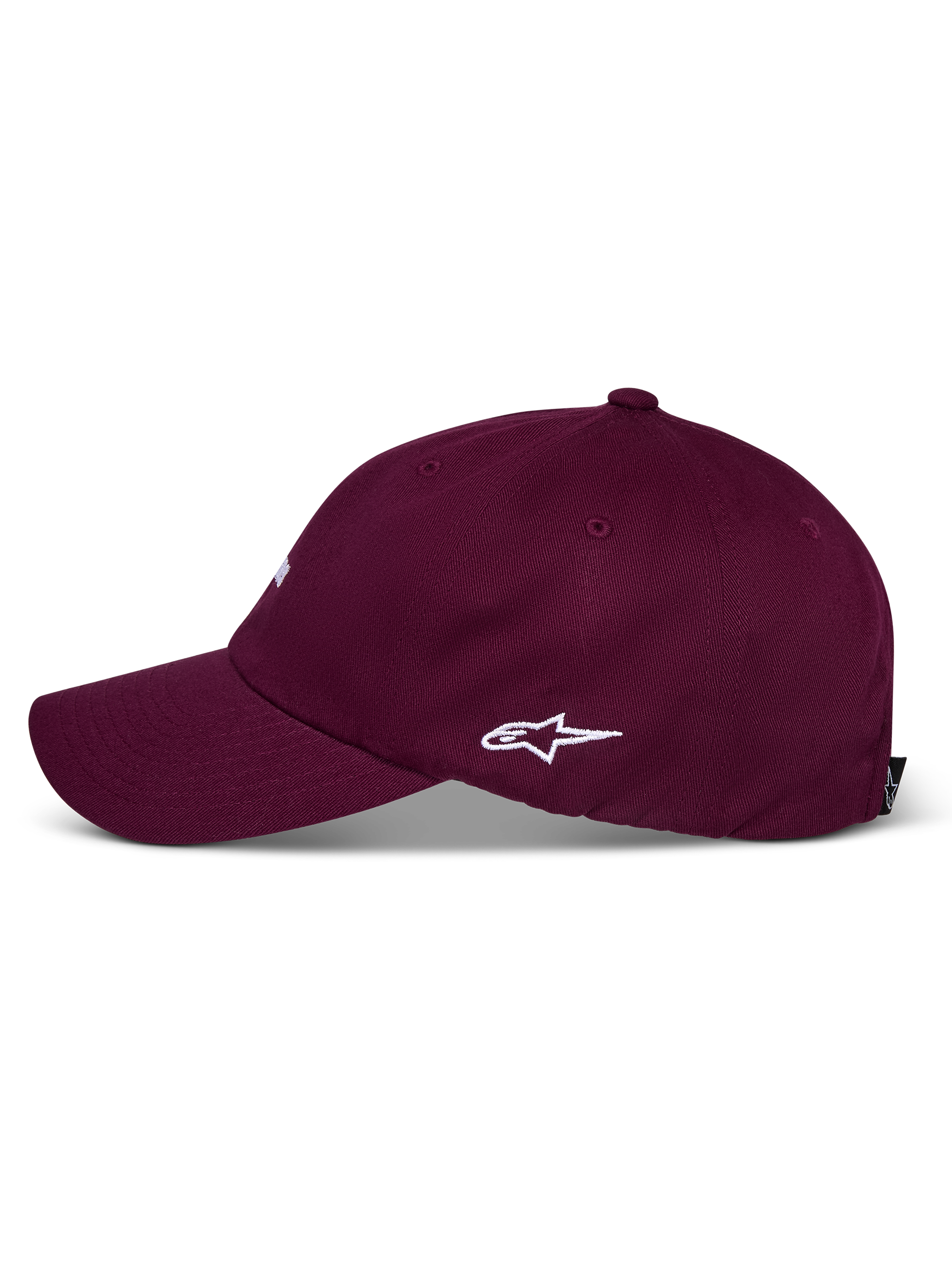 Boné Alpinestars Deduce Strapback, bordô, vista de perfil lateral com logótipo Astars bordado a branco, aba curva, coroa baixa não estruturada, acessório casual em sarja de algodão