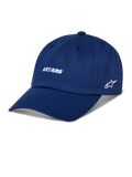 Alpinestars Deduce Strapback Hat, Blue baseball cap, white embroidered ASTARS wordmark and side star logo, curved brim, casual motorsport streetwear