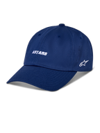 Alpinestars Deduce Strapback Hat, Blue baseball cap, white embroidered ASTARS wordmark and side star logo, curved brim, casual motorsport streetwear