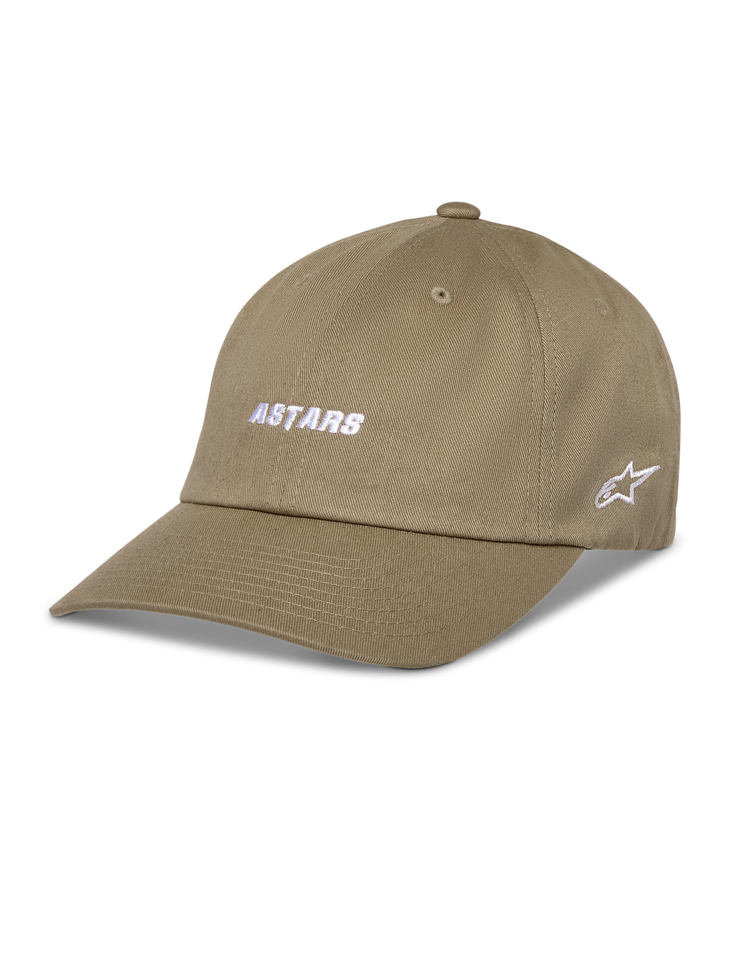 Alpinestars Deduce Strapback Hat, boné de basebol caqui, bordado branco "ASTARS" na frente e logótipo de estrela lateral, pala curva, sarja de algodão, vestuário desportivo casual