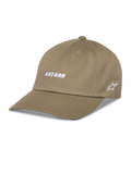 Alpinestars Deduce Strapback Hat, boné de basebol caqui, bordado branco "ASTARS" na frente e logótipo de estrela lateral, pala curva, sarja de algodão, vestuário desportivo casual