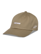 Alpinestars Deduce Strapback Hat, boné de basebol caqui, bordado branco "ASTARS" na frente e logótipo de estrela lateral, pala curva, sarja de algodão, vestuário desportivo casual