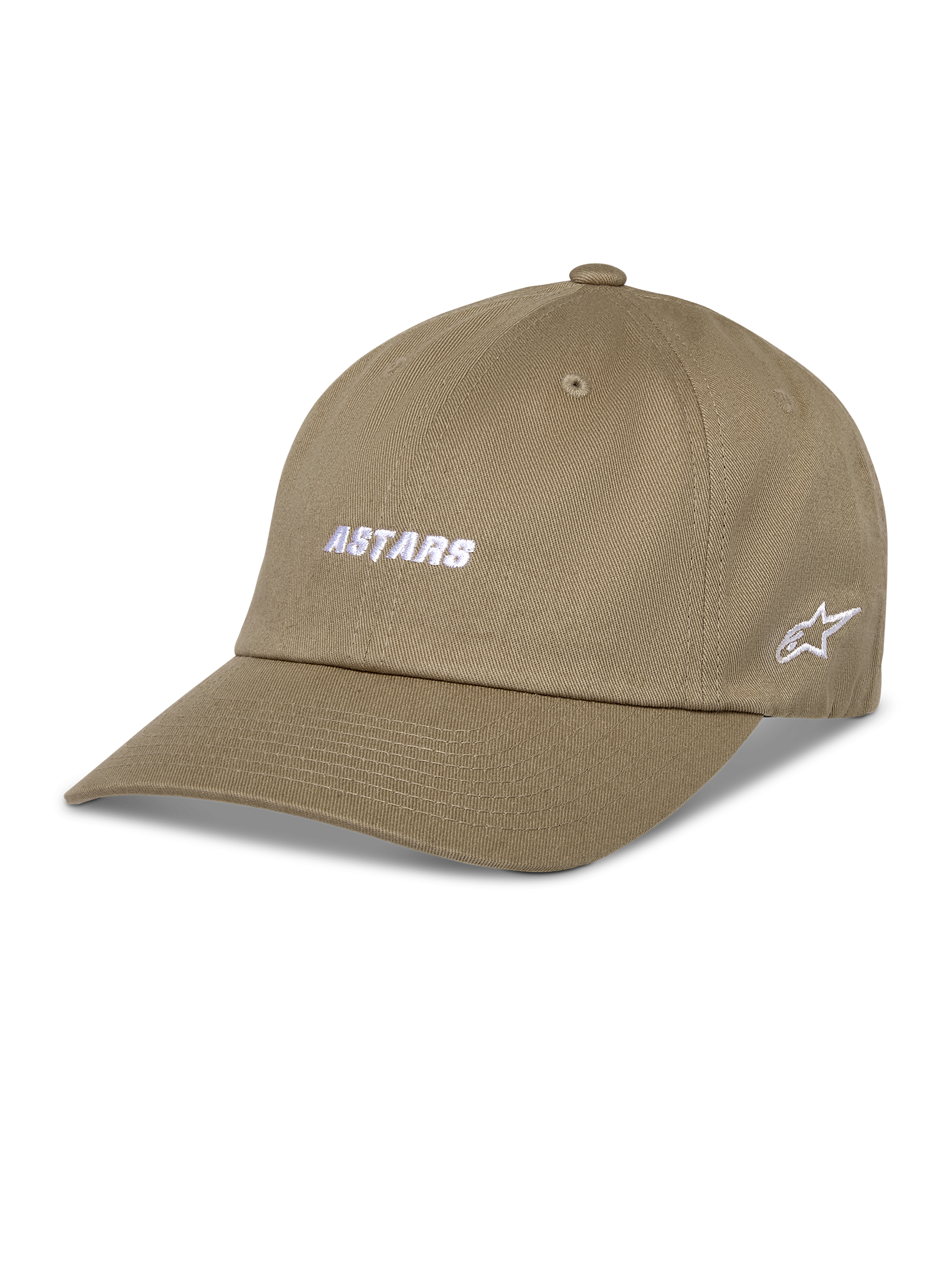 Alpinestars Deduce Strapback Hat, boné de basebol caqui, bordado branco "ASTARS" na frente e logótipo de estrela lateral, pala curva, sarja de algodão, vestuário desportivo casual