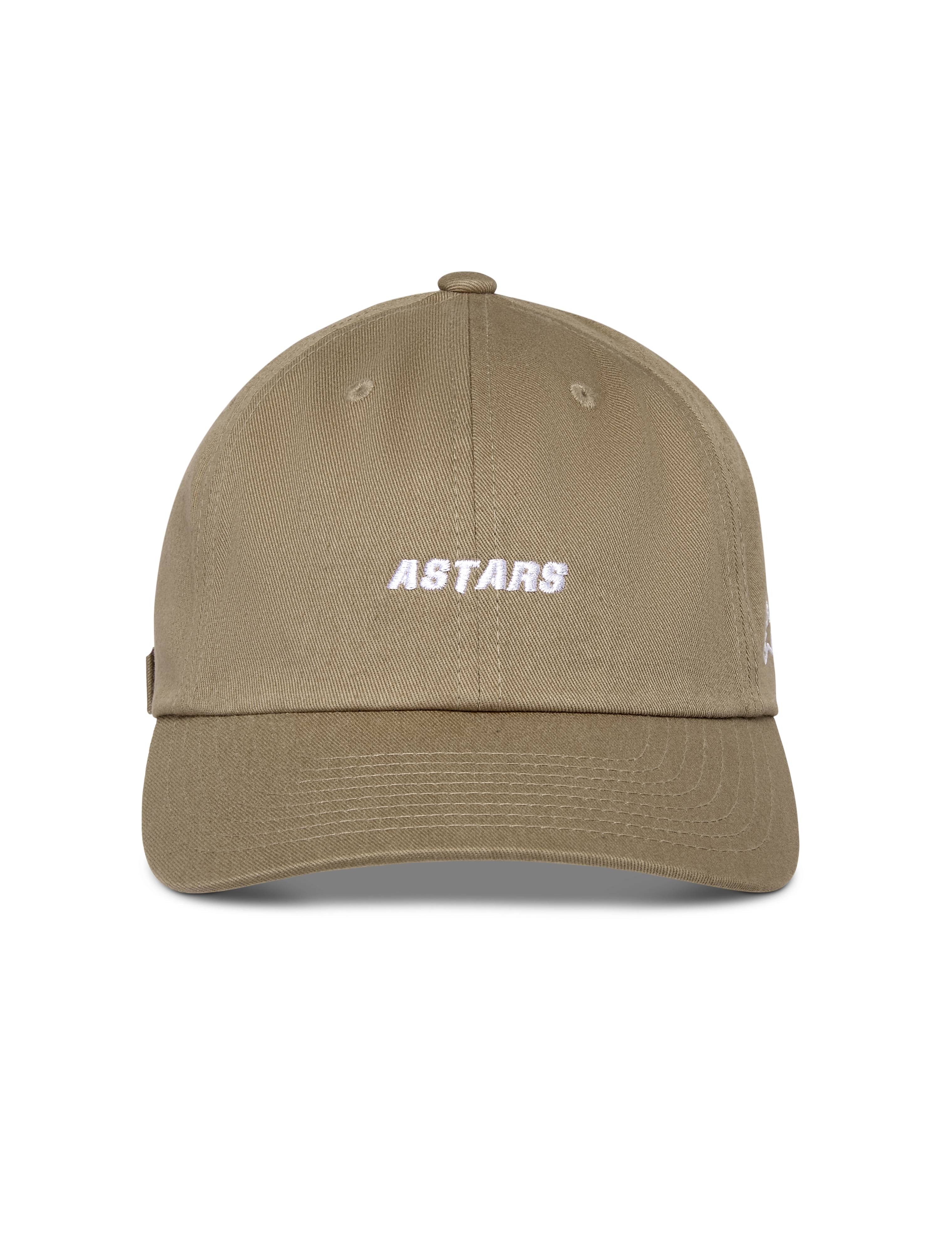 Boné Alpinestars Deduce Strapback, cáqui, coroa baixa não estruturada com aba curva, logótipo "Astars" bordado a branco na frente, tecido de sarja de algodão, acessório casual inspirado no desporto motorizado