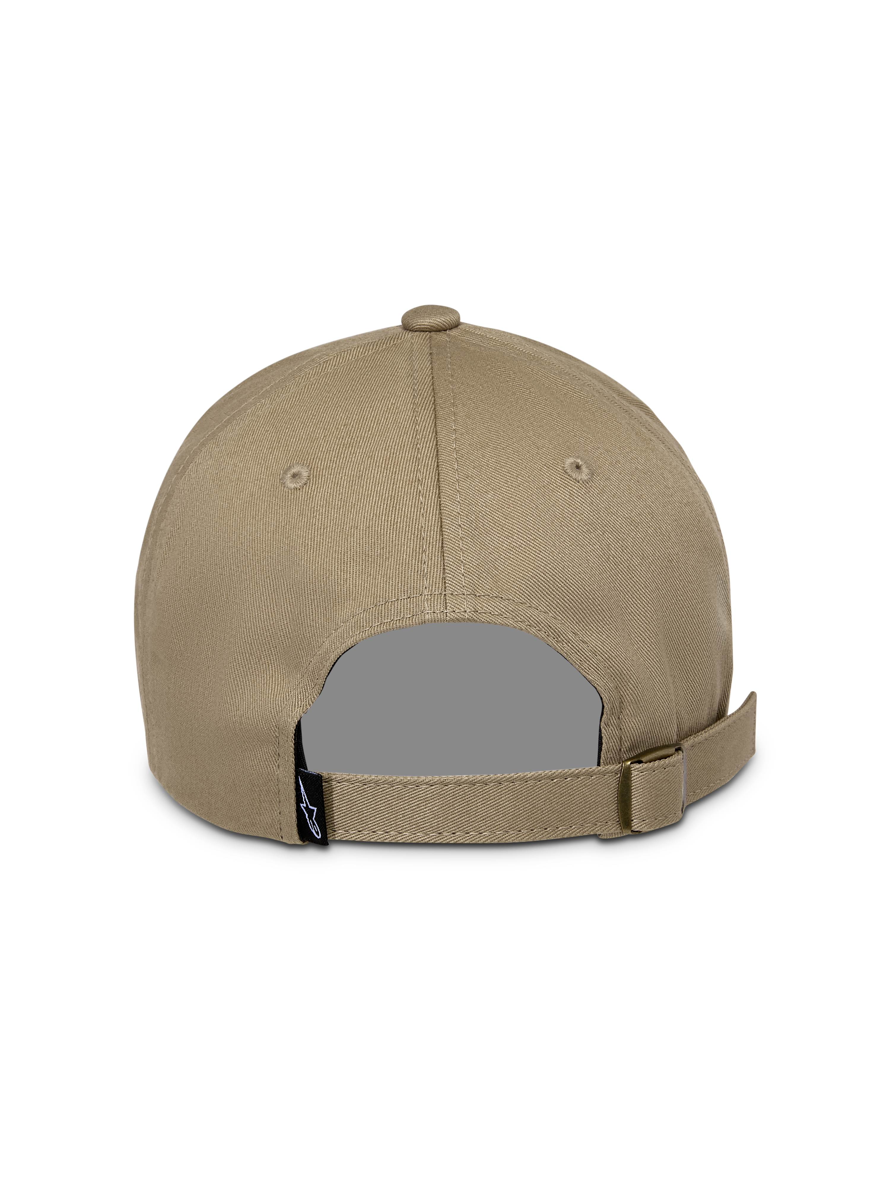 Boné Alpinestars Deduce Strapback, caqui, vista traseira com tira ajustável e fivela metálica, com uma pequena etiqueta de logótipo preta, acessório casual em sarja de algodão